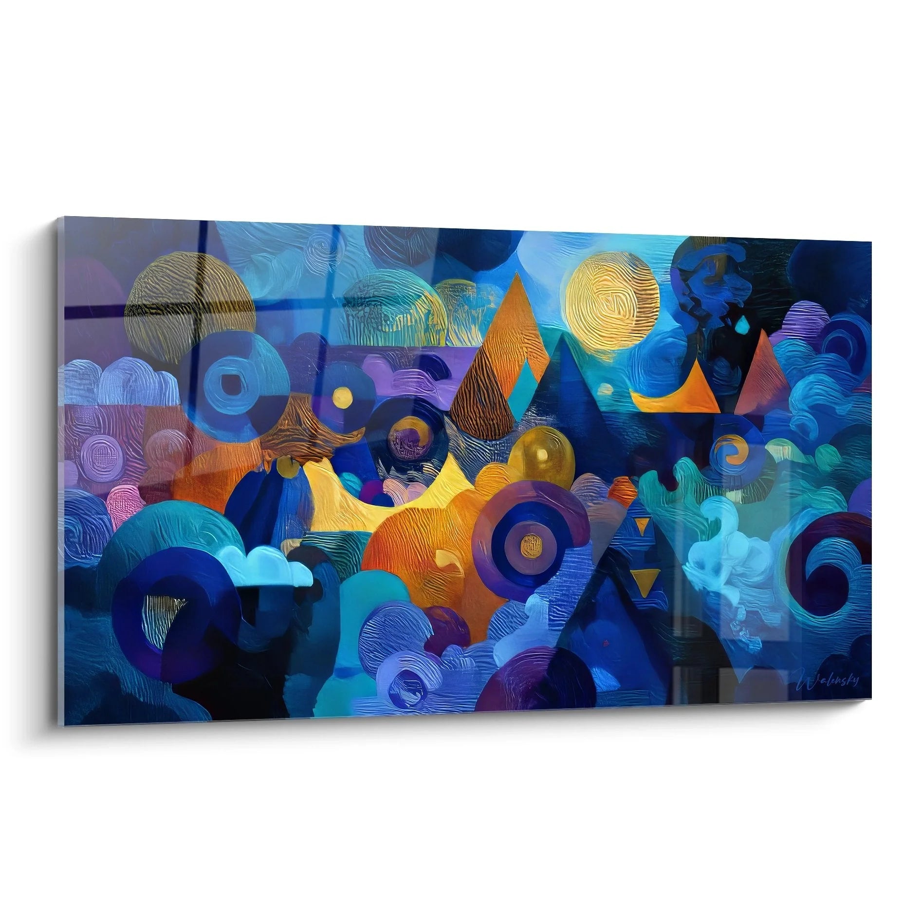 Wandbild geometrische Abstraktion mit futuristischen Formen in Blau und Orange