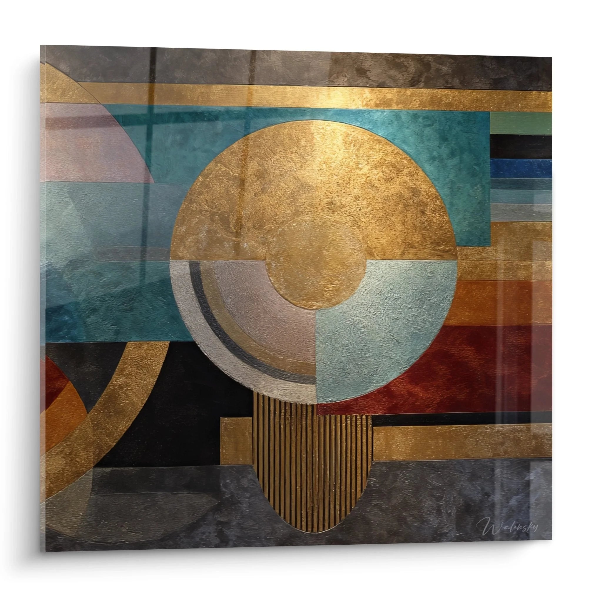 Geometrisches Wandbild mit goldener Sonne und türkisblauen Elementen - Afrikanische Kultur Edition