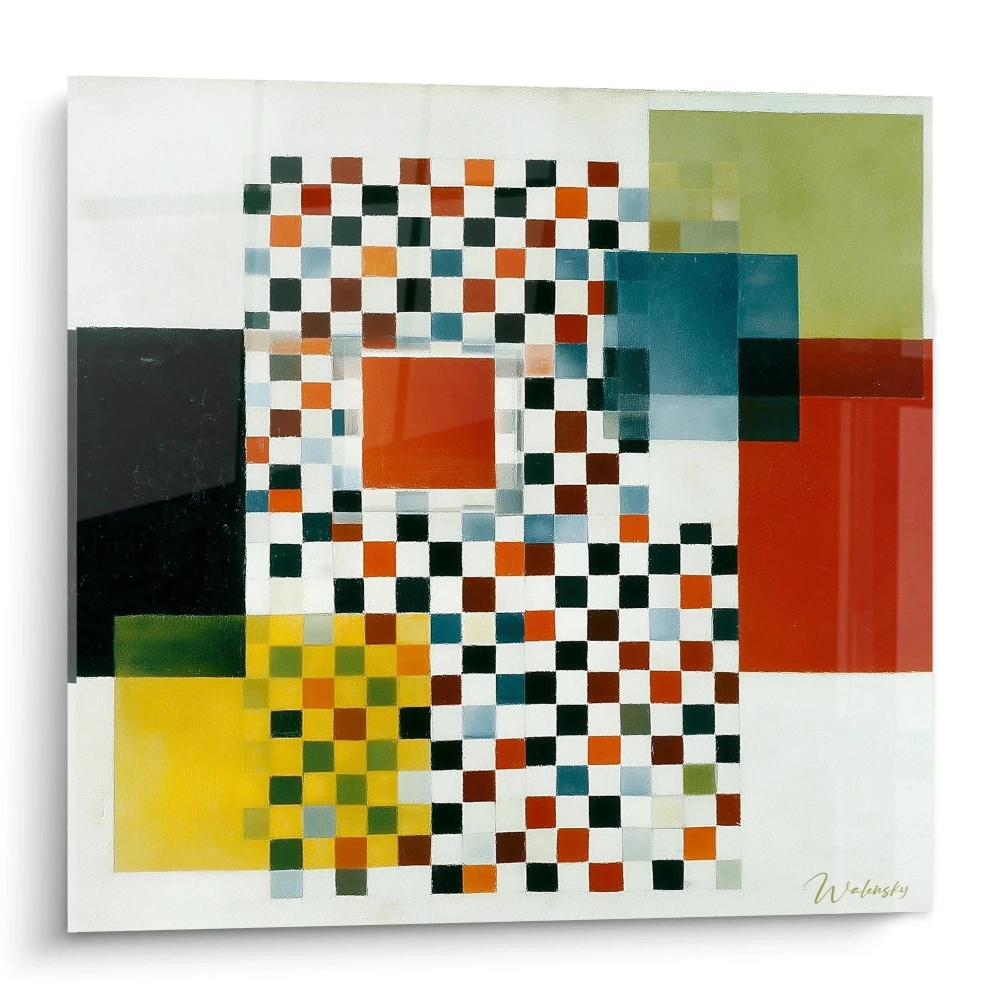 Wandbild geometrische Abstraktion Konstruktivismus mit buntem Schachbrettmuster und Farbfeldern