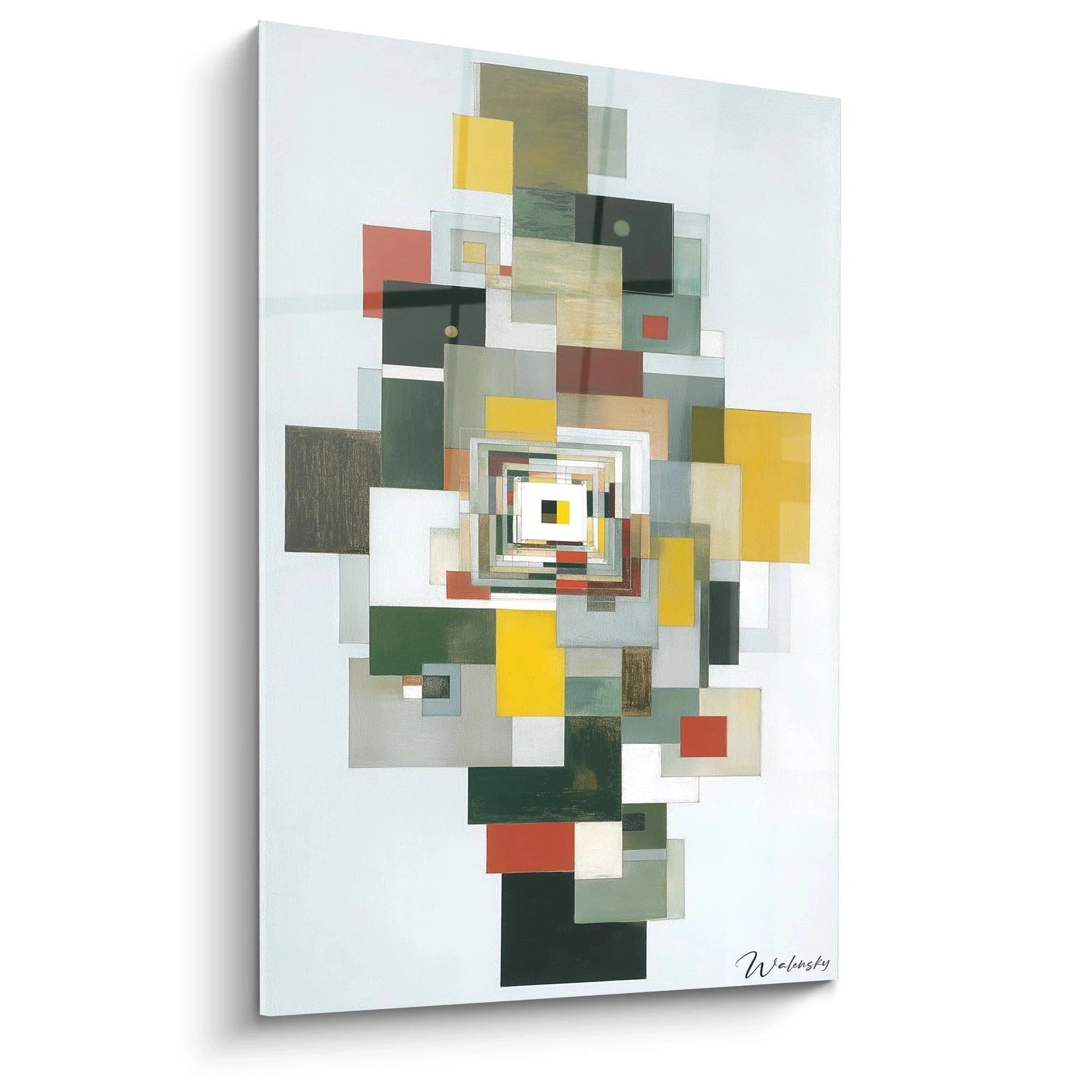 Wandbild geometrische Abstraktion konstruktivistisch mit Spiralstruktur und bunten Rechtecken