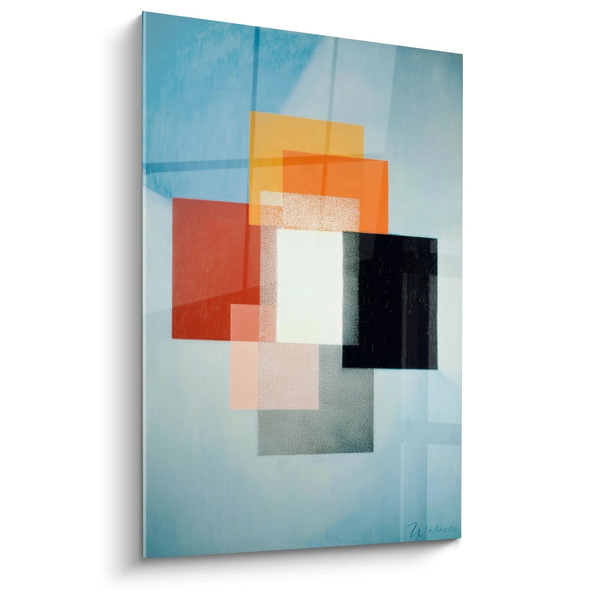 Wandbild geometrische Abstraktion im Konstruktivismus-Stil mit bunten überlagerten Formen auf blauem Hintergrund