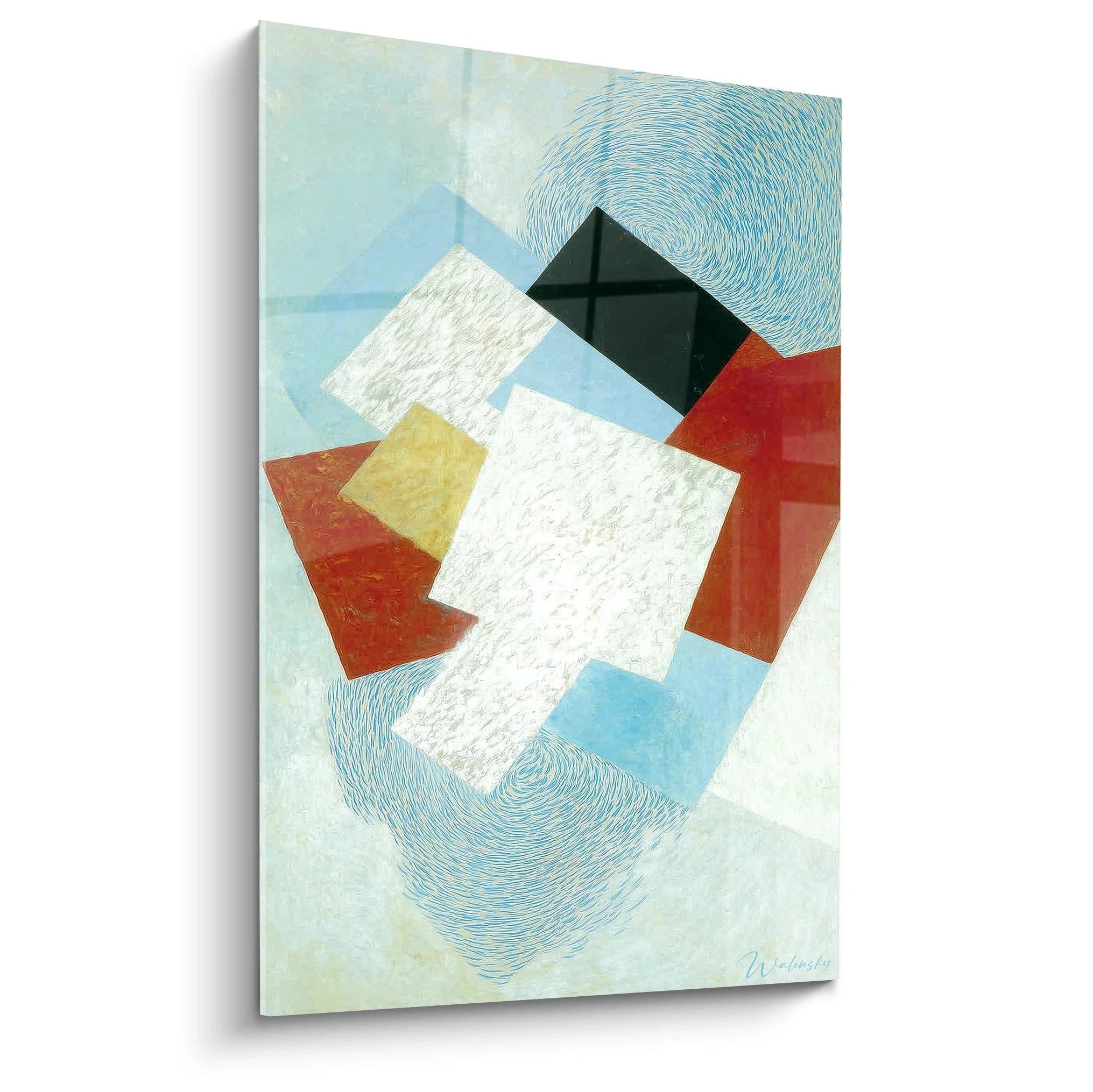 Wandbild geometrische Abstraktion konstruktivistisch mit bunten Formen und blauen Linien auf hellem Grund