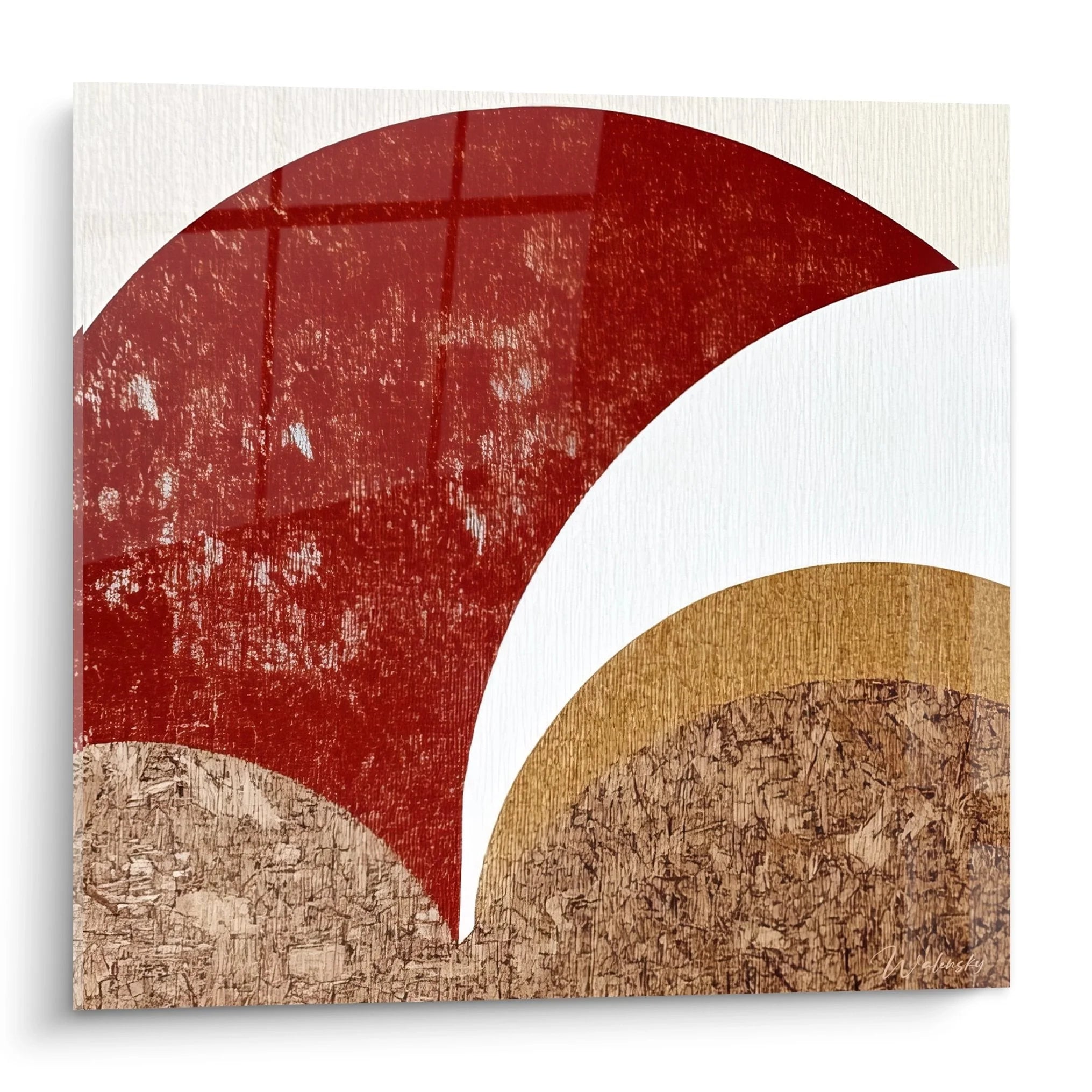 Wandbild geometrische Abstraktion mit roten und braunen Kreisformen auf weißem Hintergrund