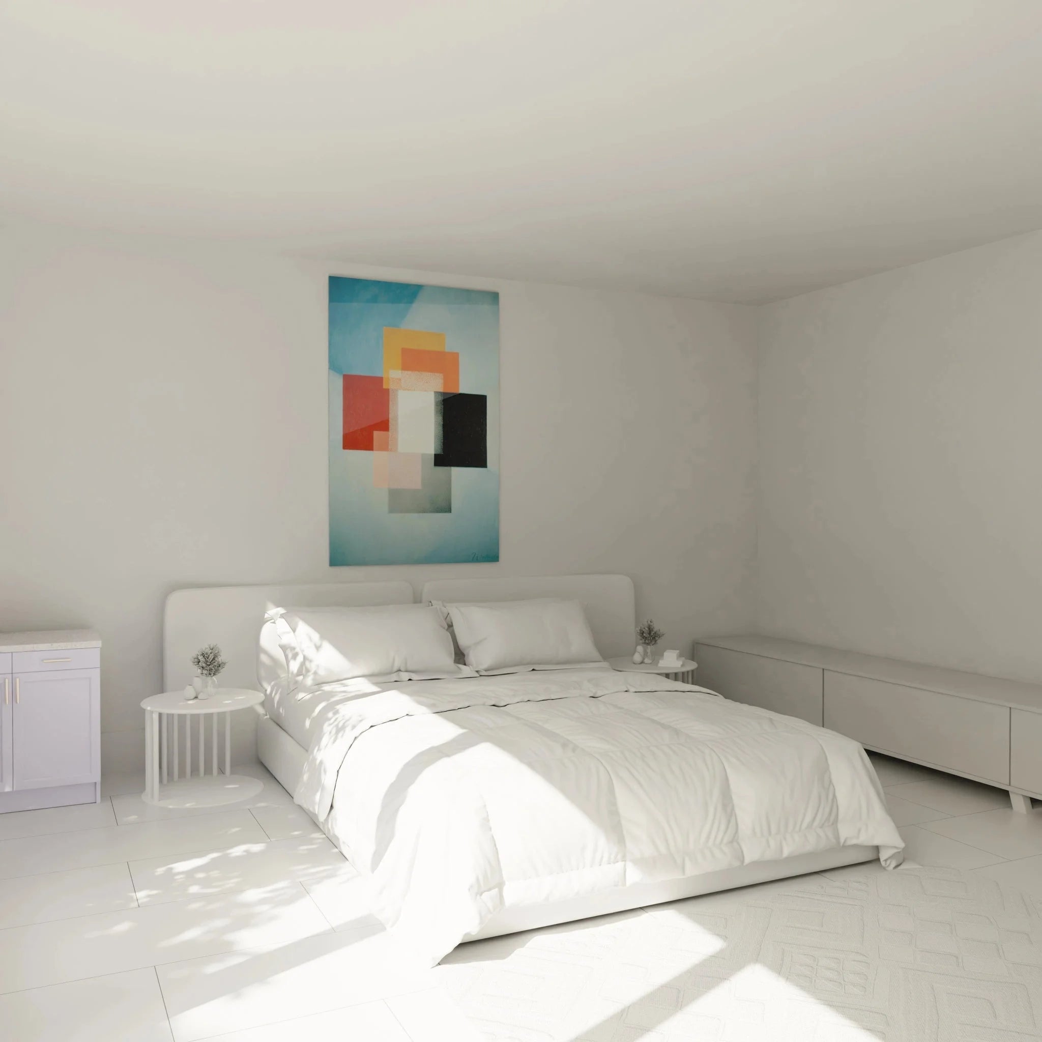 Wandbild geometrische Abstraktion in modernem Schlafzimmer, konstruktivistische Kunst als Wanddekoration