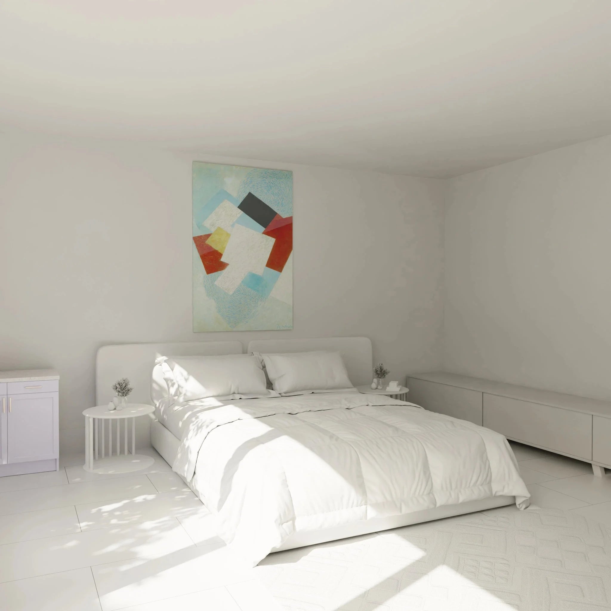 Konstruktivistisches Wandbild geometrische Abstraktion in modernem Schlafzimmer Ambiente