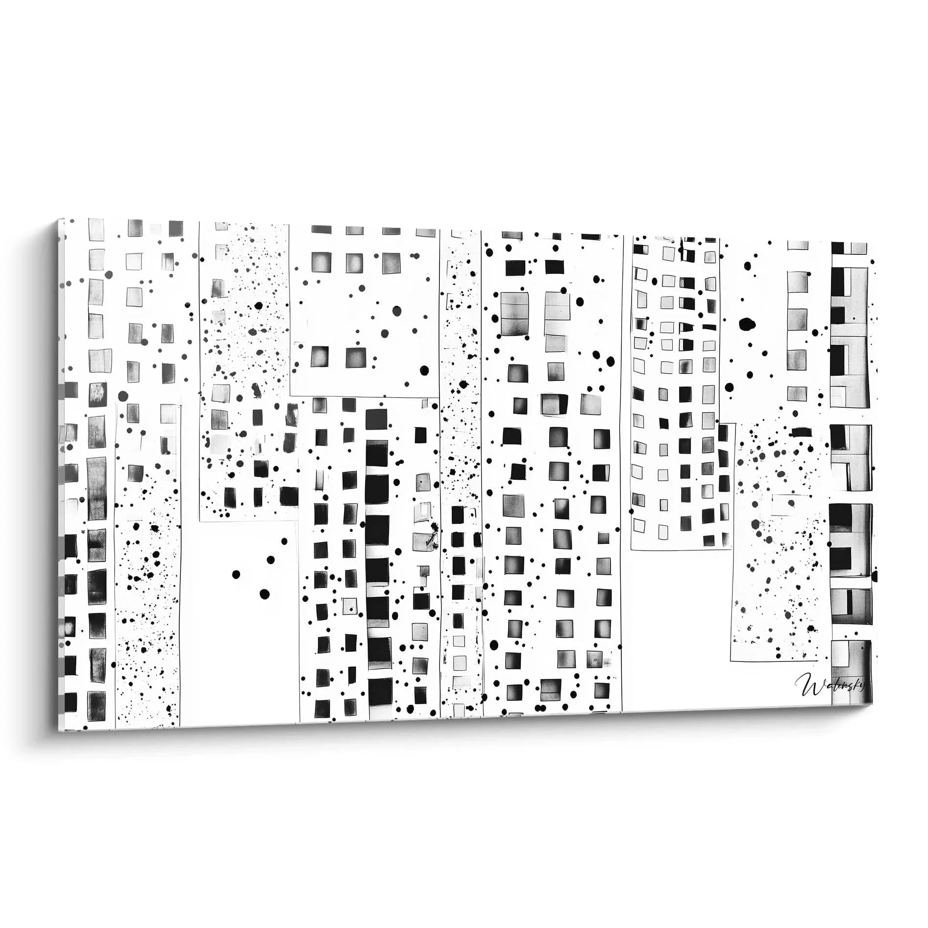 Wandbild geometrische Abstraktion Schwarz-Weiß mit Dalmatiner Pattern für moderne Wandgestaltung