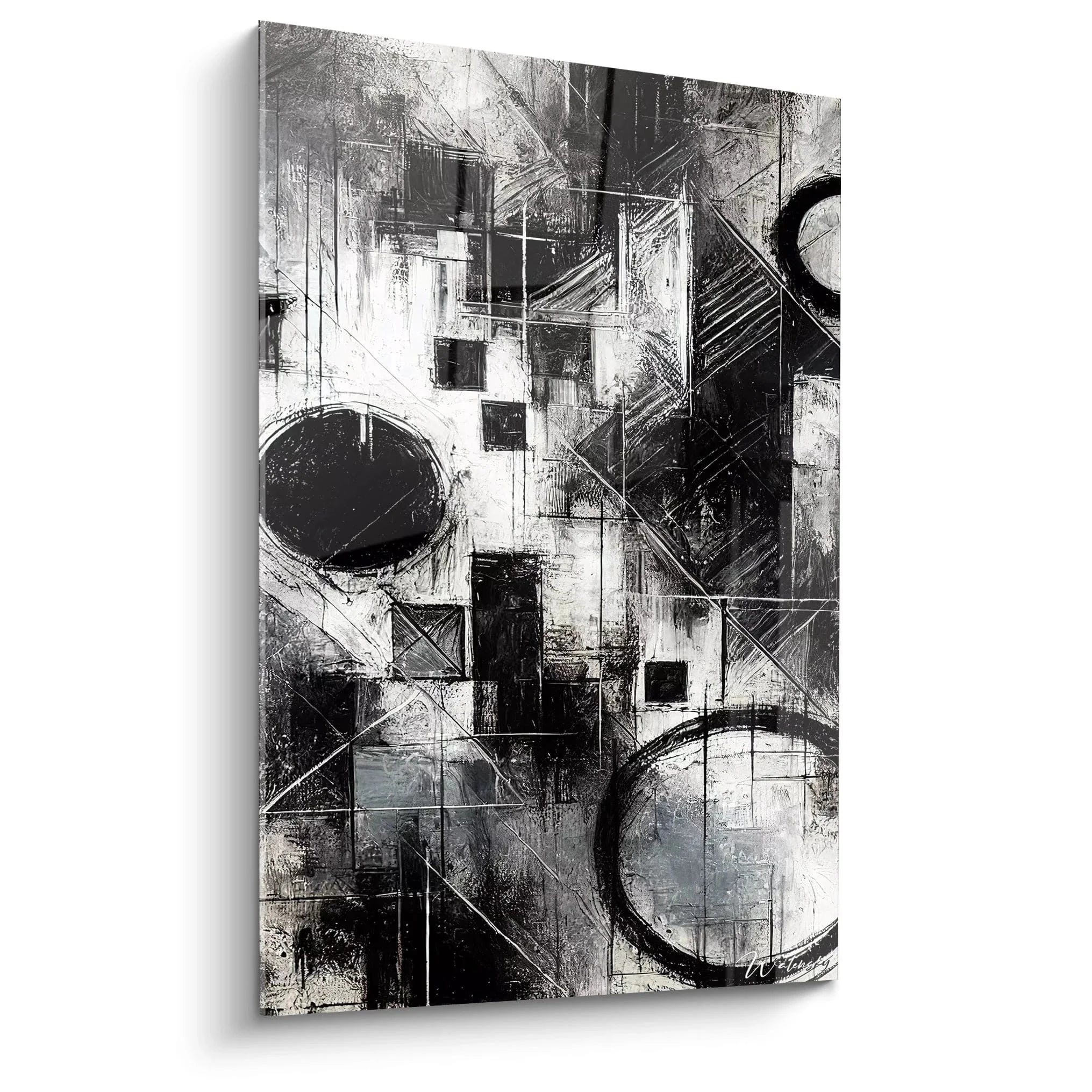 Wandbild geometrische Abstraktion schwarz-weiß mit urbanen Strukturen und Kreiselementen