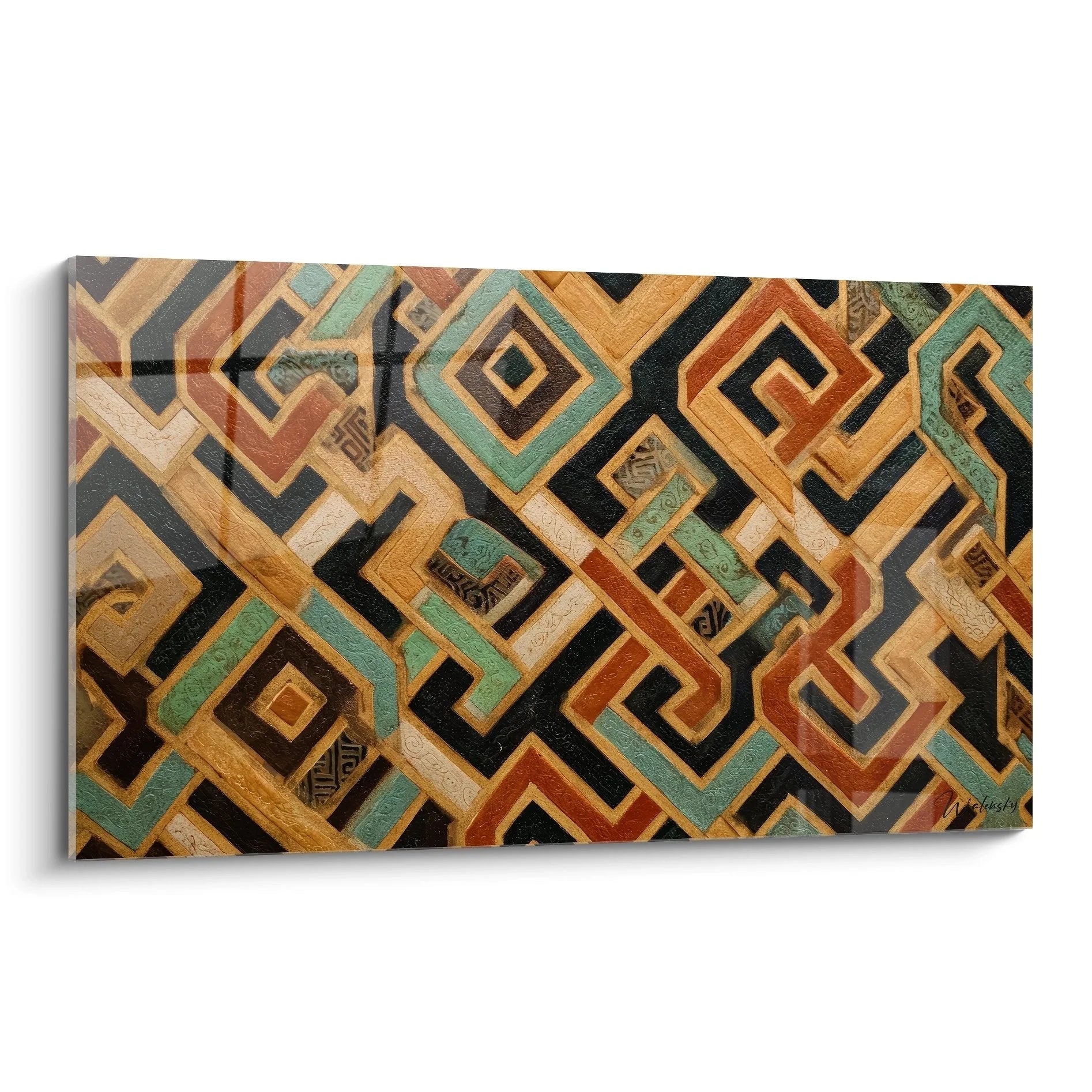 Wandbild mit geometrischen Kuba Mustern in warmen Erdtönen - Afrikanische Textilkunst