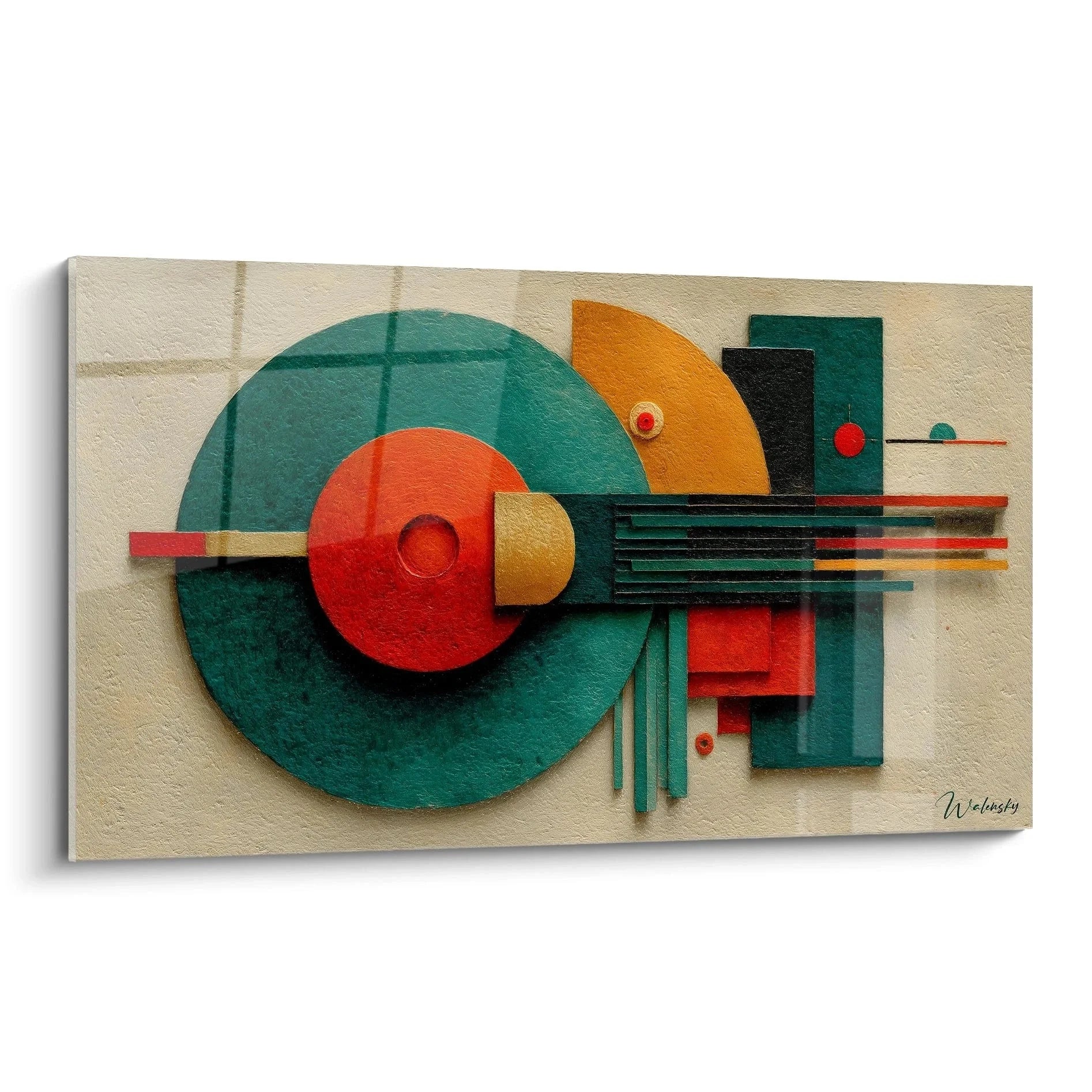 Wandbild geometrische Bauhaus Komposition mit türkisen Kreisen und roten Akzenten auf beigem Hintergrund