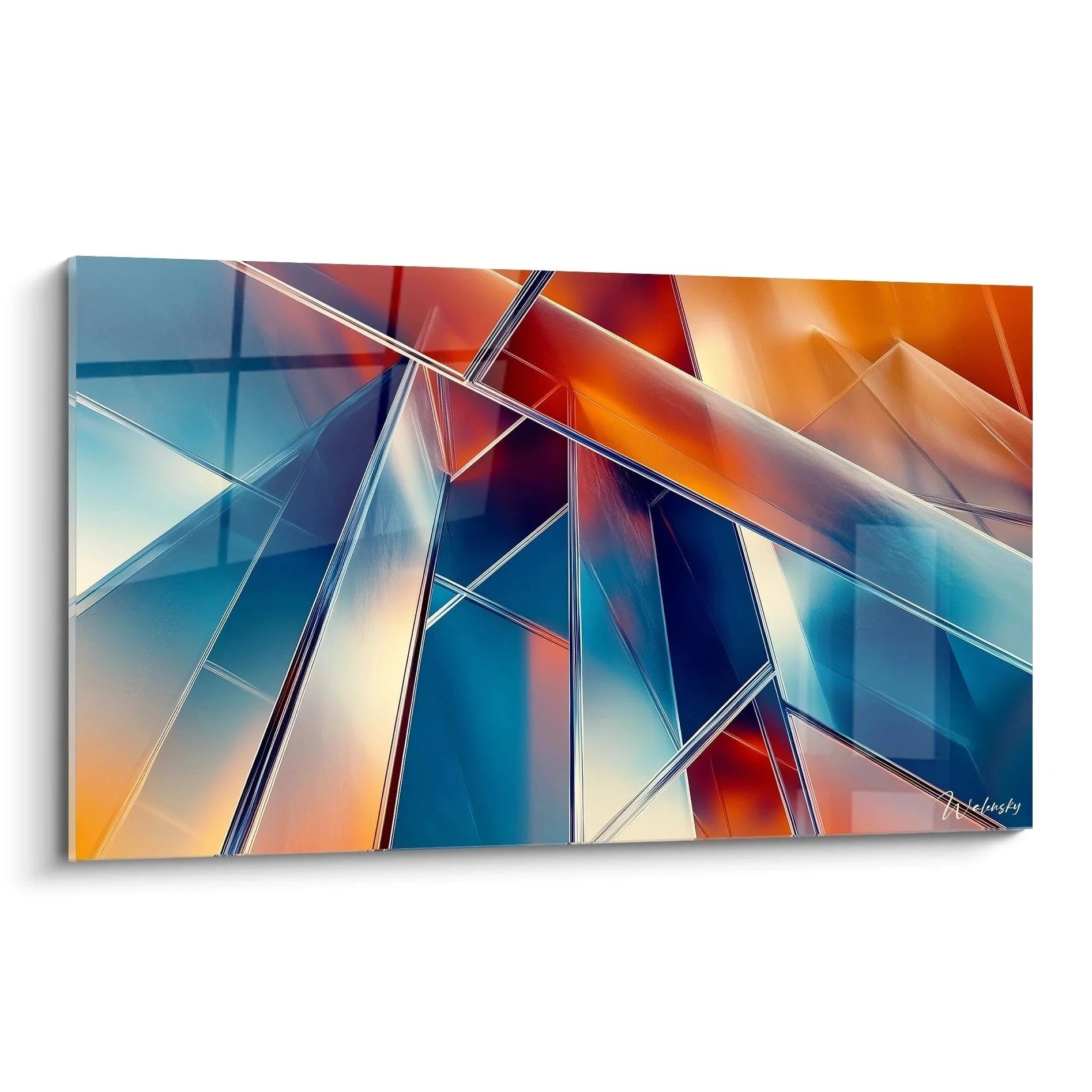 Futuristisches Wandbild mit geometrischen Formen und kristallinen Strukturen in Blau-Orange Farbgebung