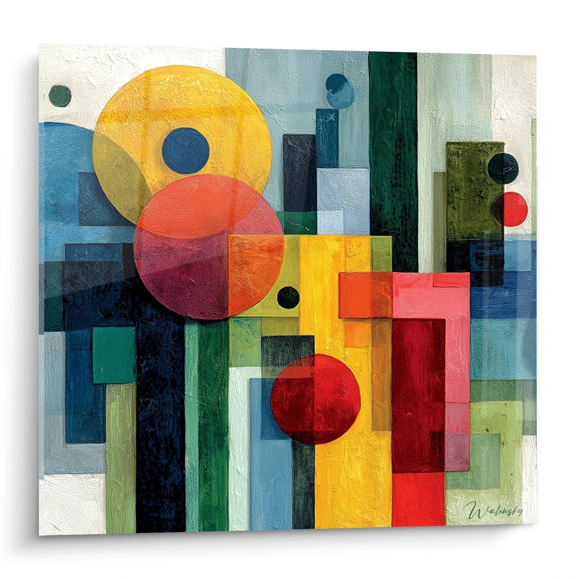 Geometrisches Wandbild Bauhaus Stil mit Kreisen und Rechtecken in bunten Farben