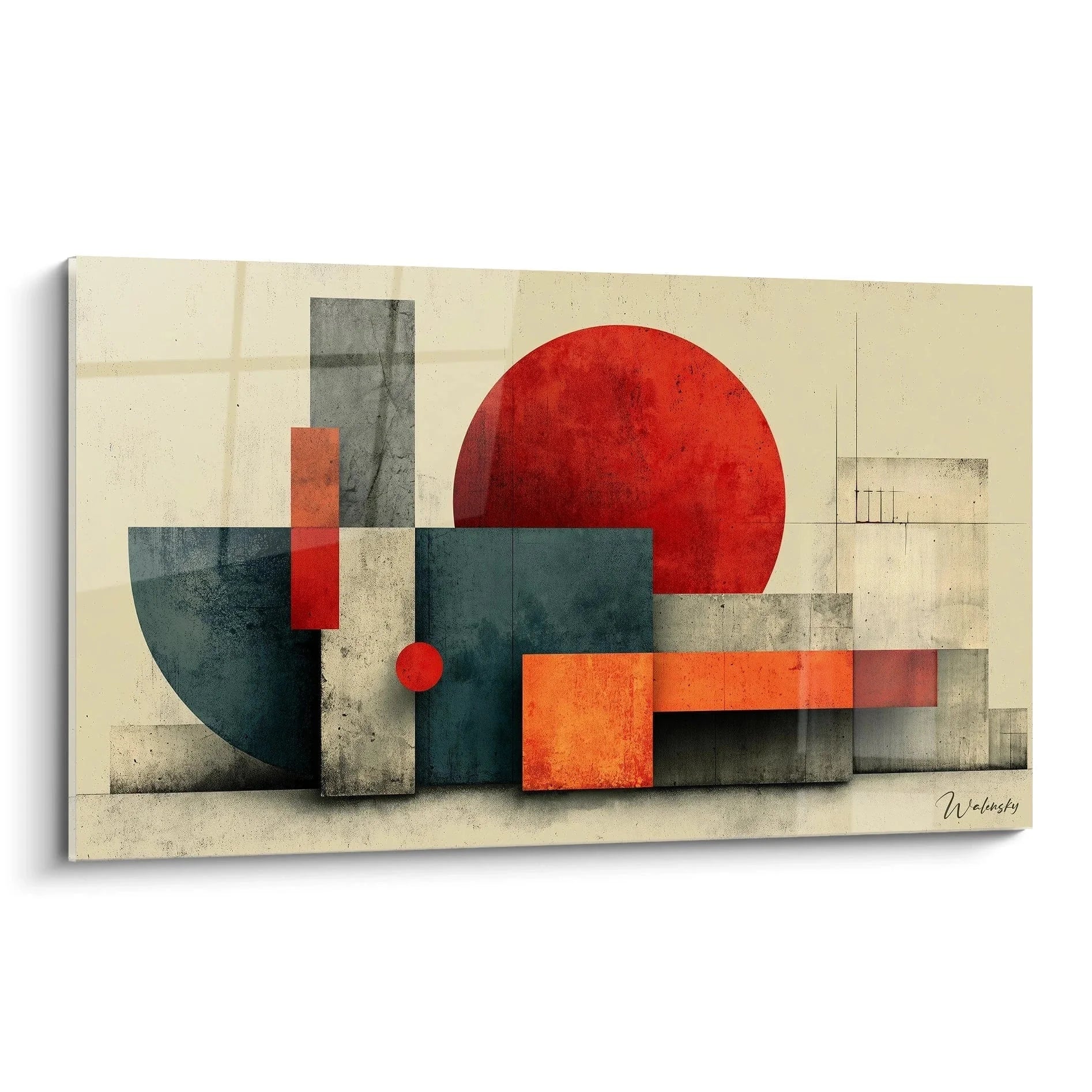 Wandbild geometrische Komposition Bauhaus Stil mit roten blauen Formen moderne abstrakte Wandkunst