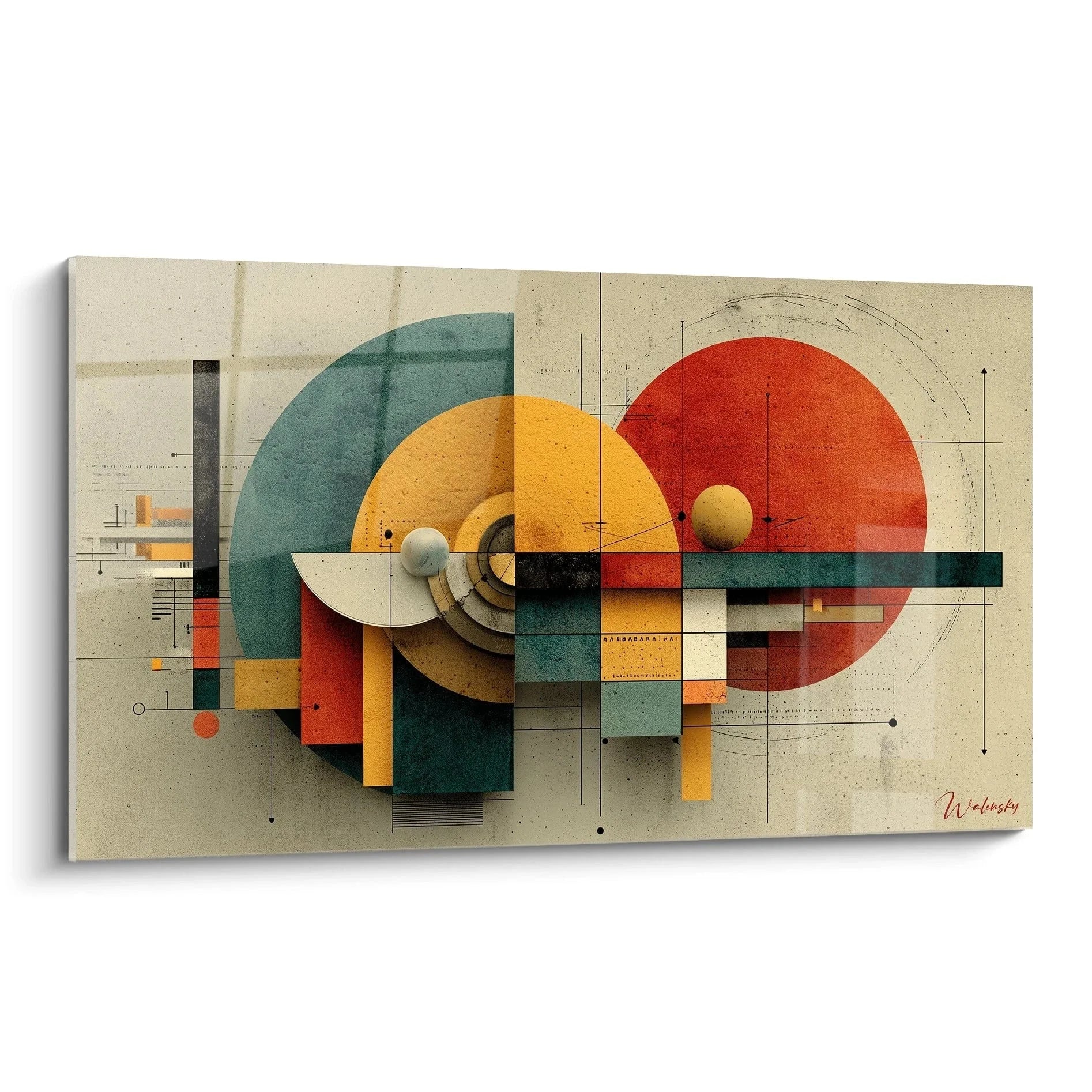 Wandbild geometrische Komposition Bauhaus Stil mit orange roten Kreisen und technischen Elementen