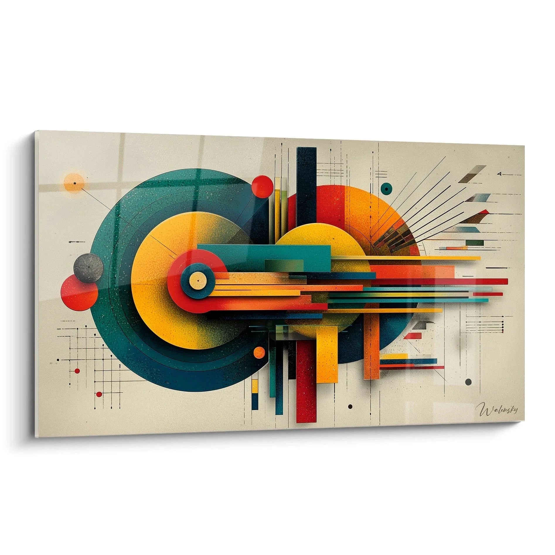Wandbild geometrische Komposition Bauhaus Stil mit türkisen Kreisen und orangefarbenen Elementen