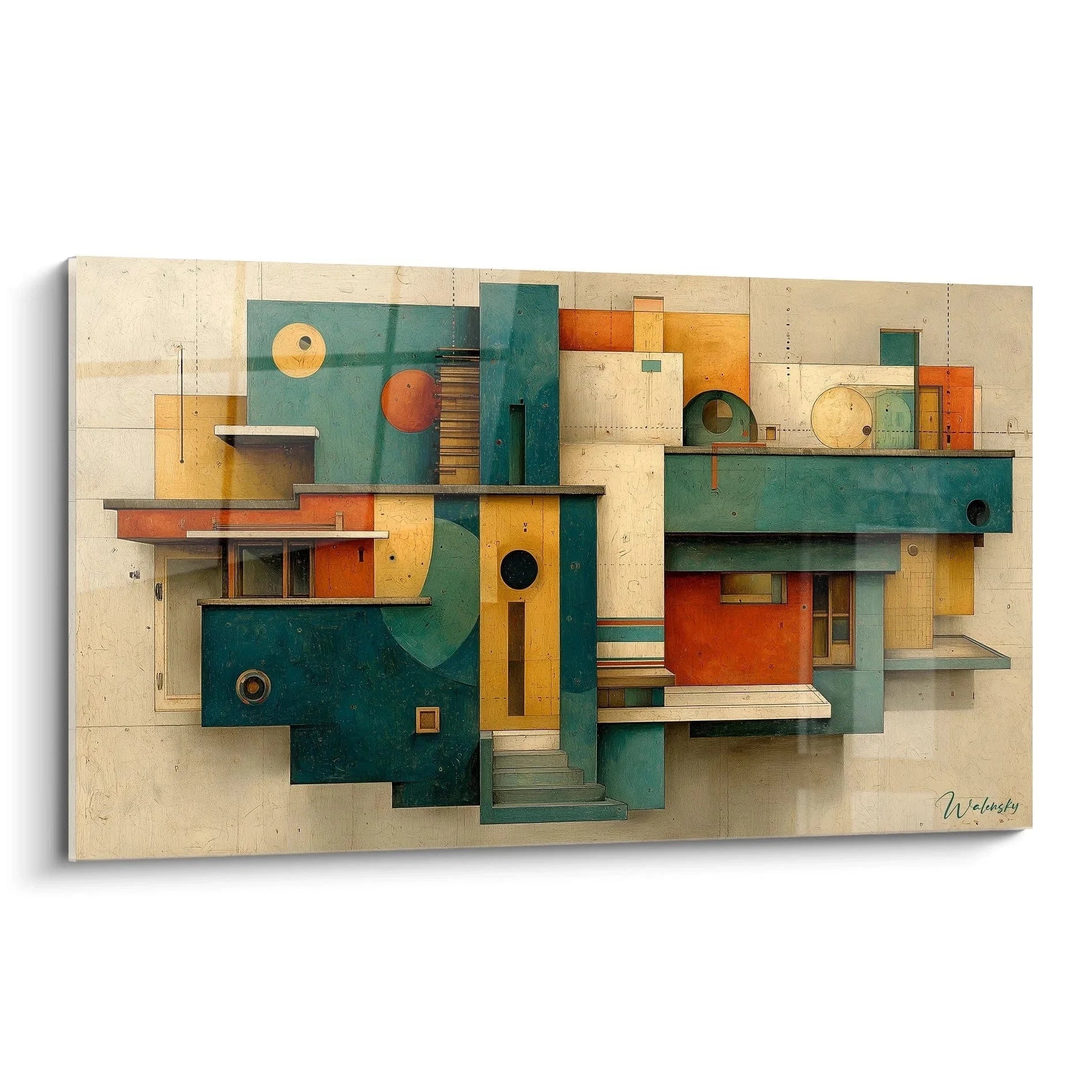 Wandbild geometrische Komposition Bauhaus Stil abstrakte Architektur teal orange beige Farben