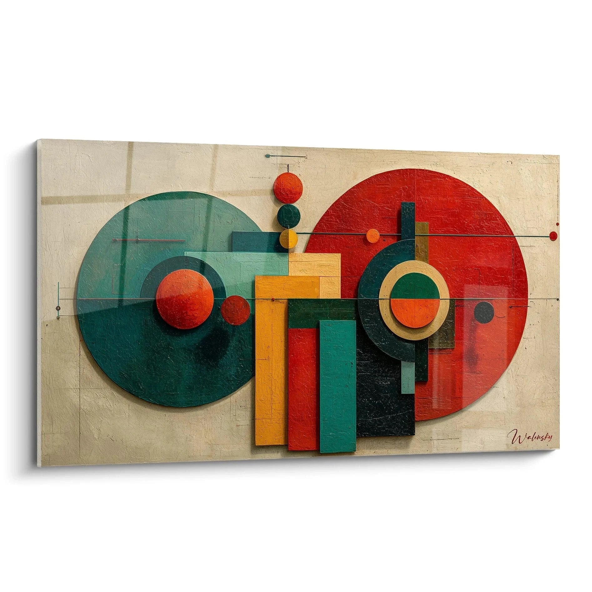 Wandbild geometrische Komposition Bauhaus Stil mit Kreisen und konstruktivistischen Elementen