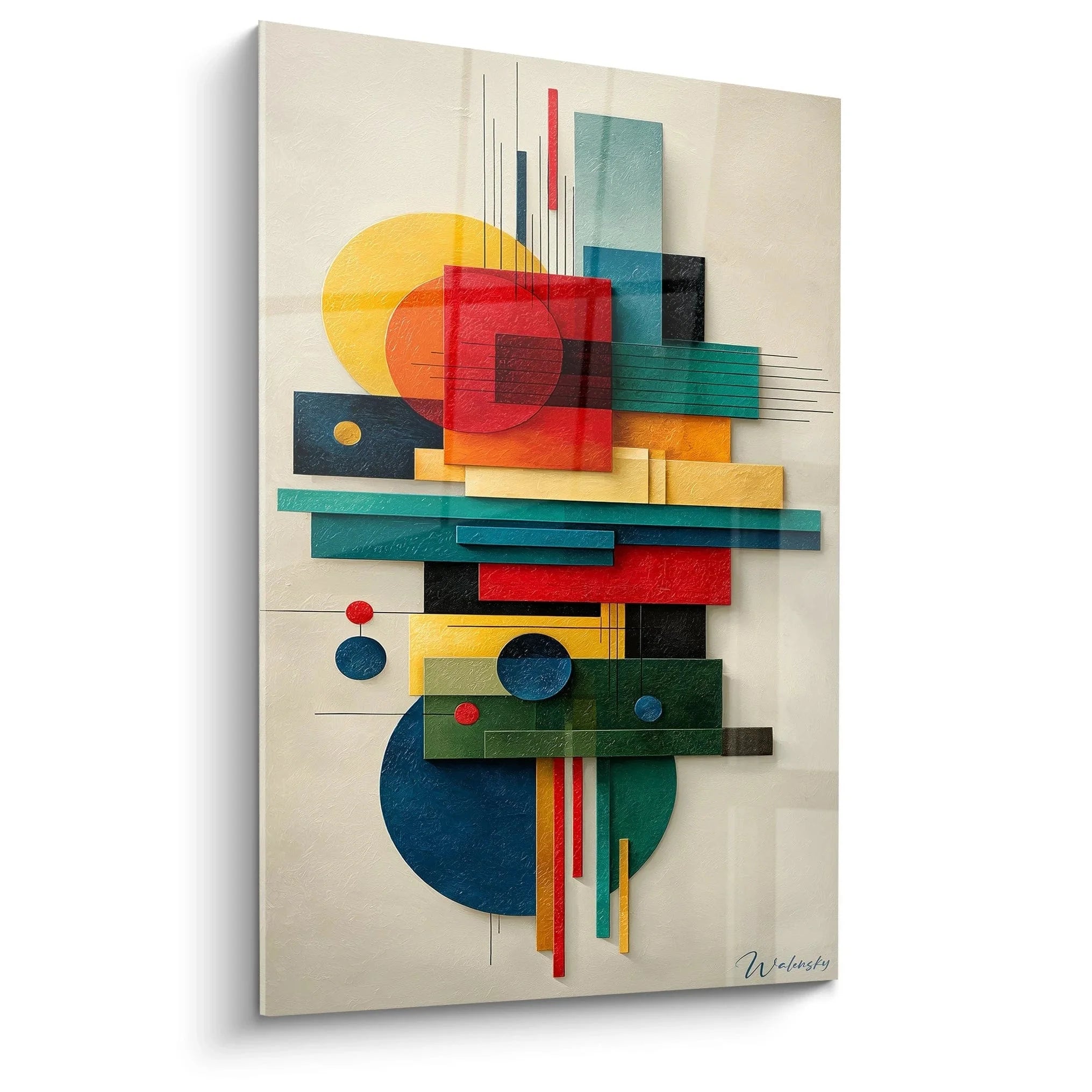 Wandbild geometrische Komposition Bauhaus Stil mit bunten Formen und konstruktivistischen Elementen