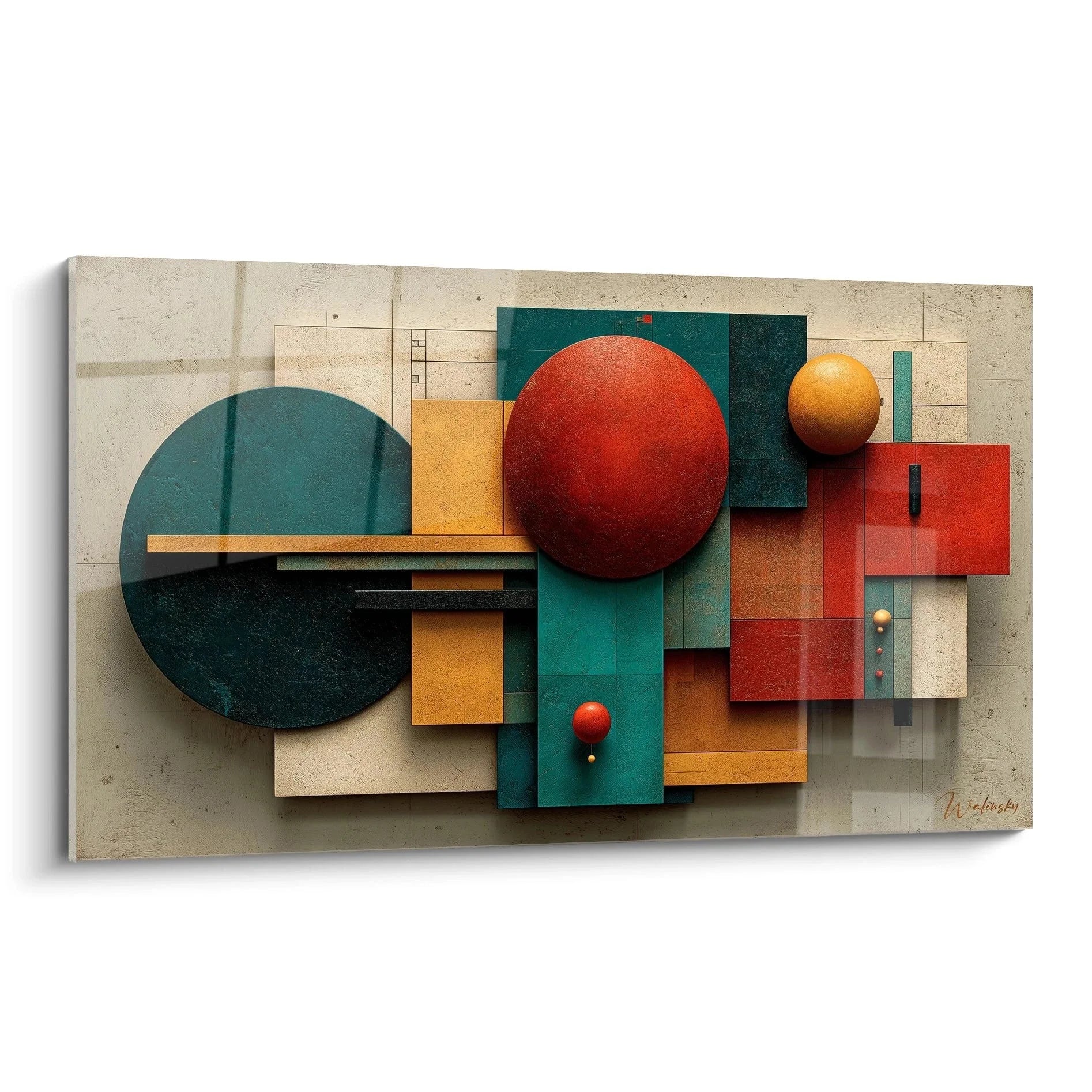 Wandbild geometrische Komposition Bauhaus Stil mit roten Kreisen und türkisen Rechtecken