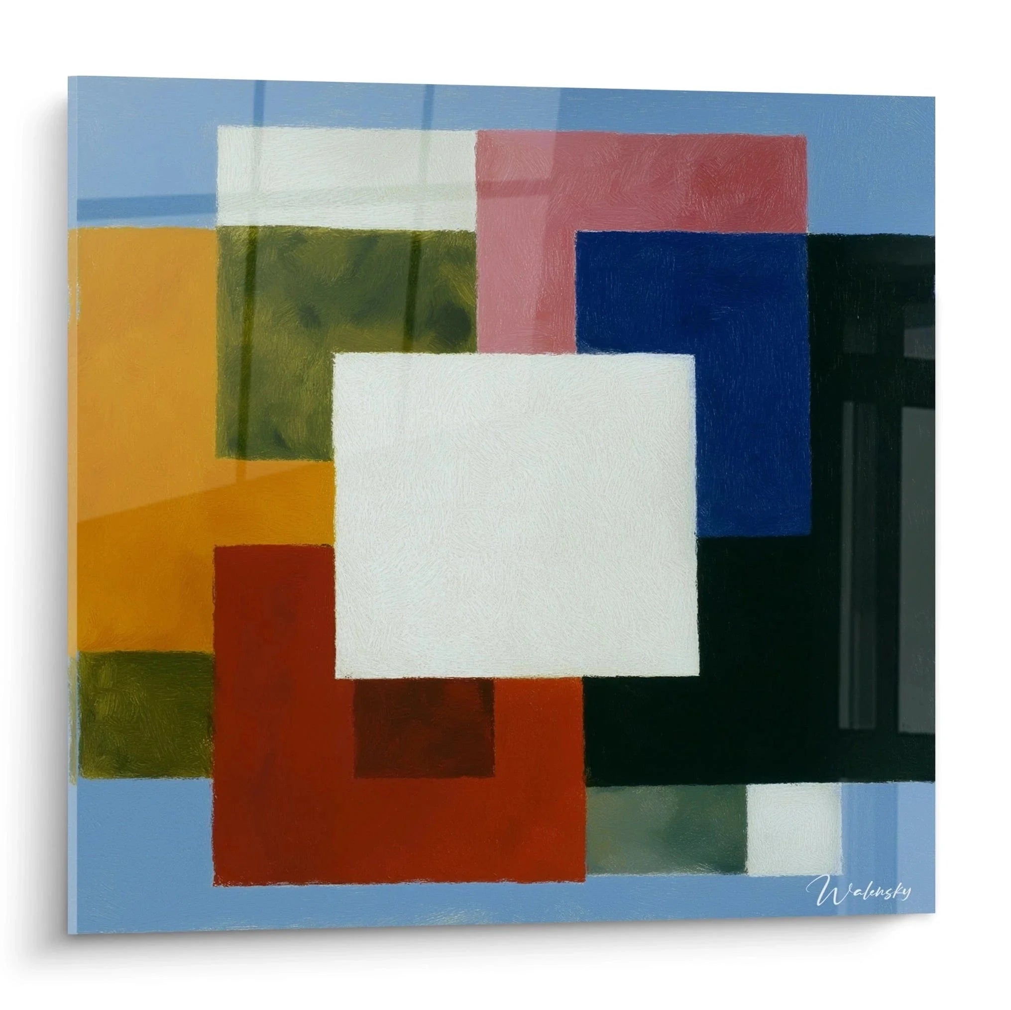 Wandbild geometrische Komposition Konstruktivismus mit bunten Quadraten und Rechtecken in Blau Orange Grün Rot Weiß