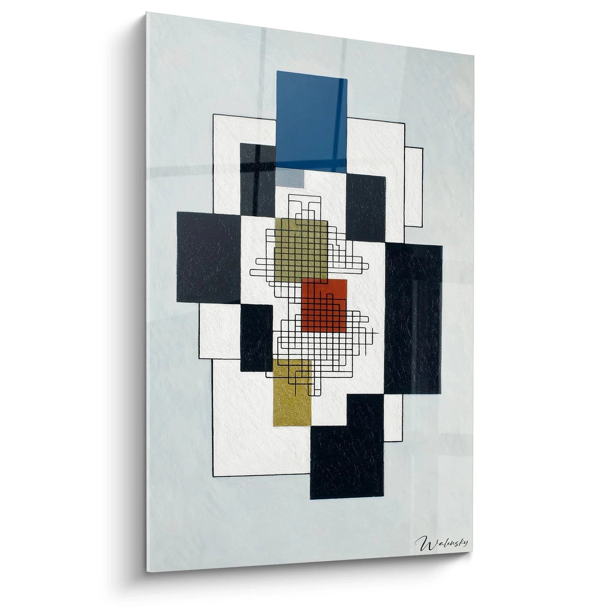 Wandbild geometrische Komposition konstruktivistisch mit schwarzen weißen Rechtecken bunten Akzenten Rasterwerk