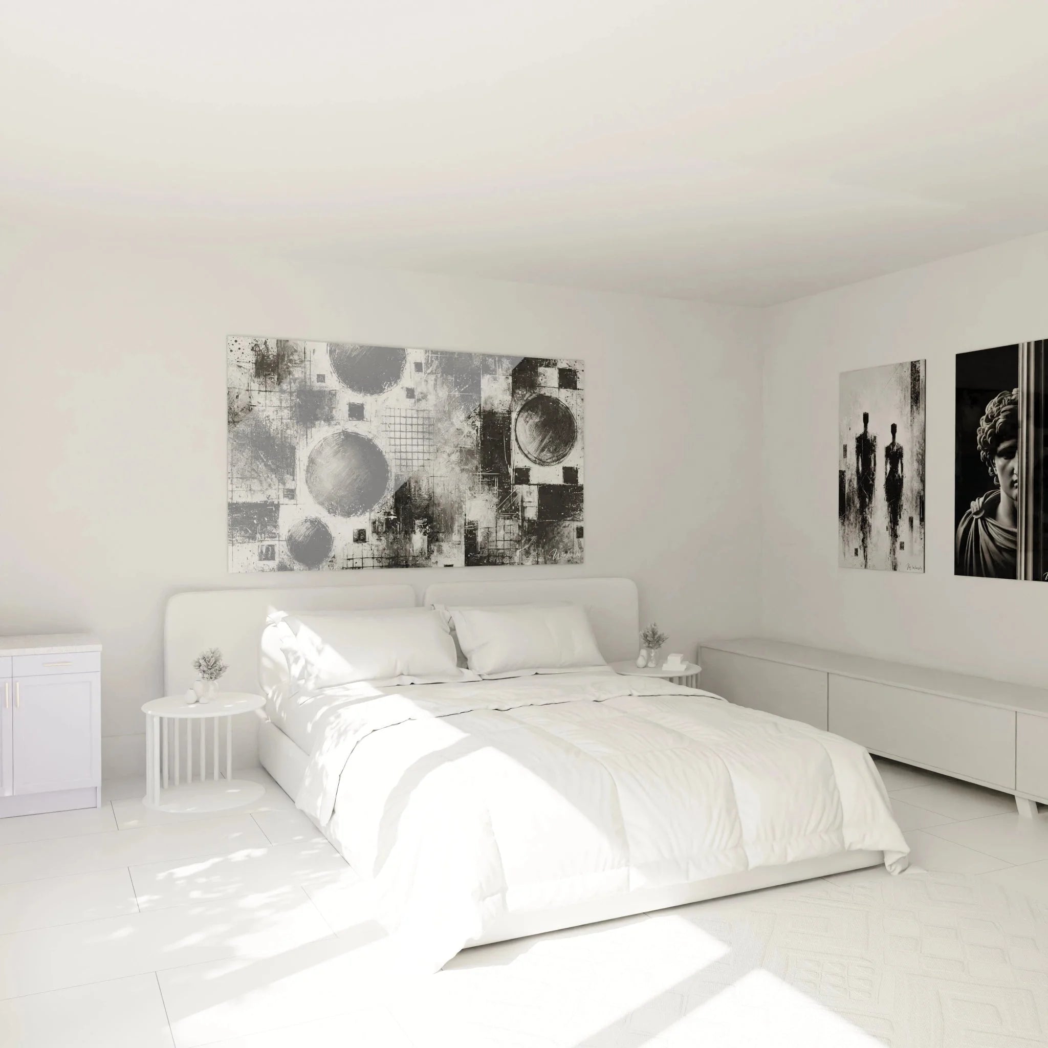 Wandbild geometrische Kreise im Schlafzimmer schwarz-weiß abstrakte Dekoration modern