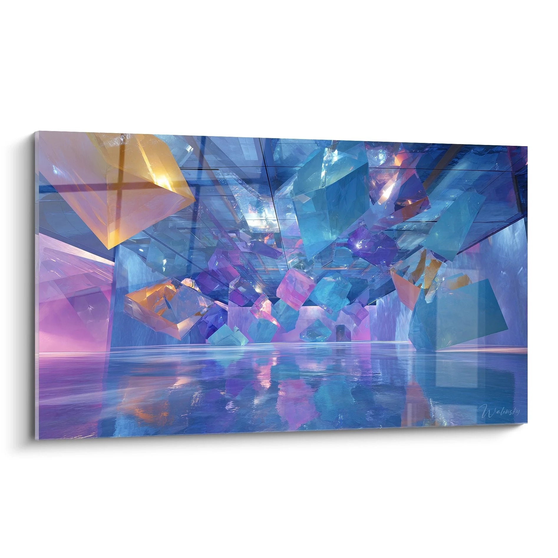 Wandbild geometrische Kristalle in Blau und Lila, abstrakte Architektur Kunst für moderne Räume