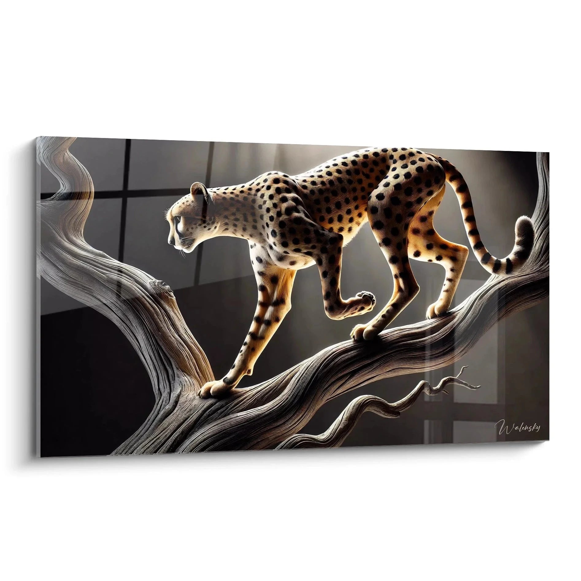 Wandbild Gepard auf Holzast - elegante Raubkatze mit charakteristischen Flecken in warmer Beleuchtung