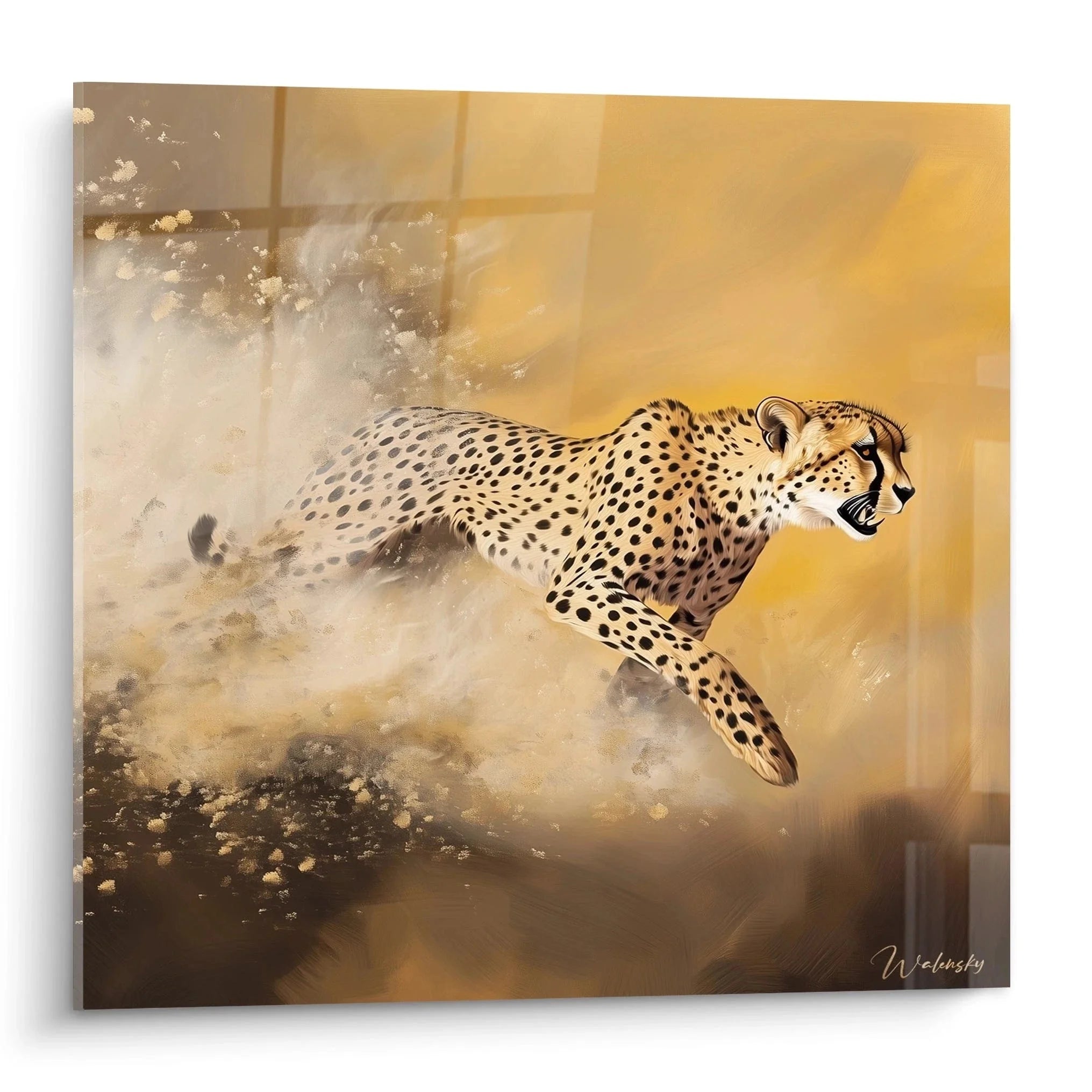 Wandbild Gepard springend in Staubwolke - dynamische Jagdszene Afrika Raubkatze XXL