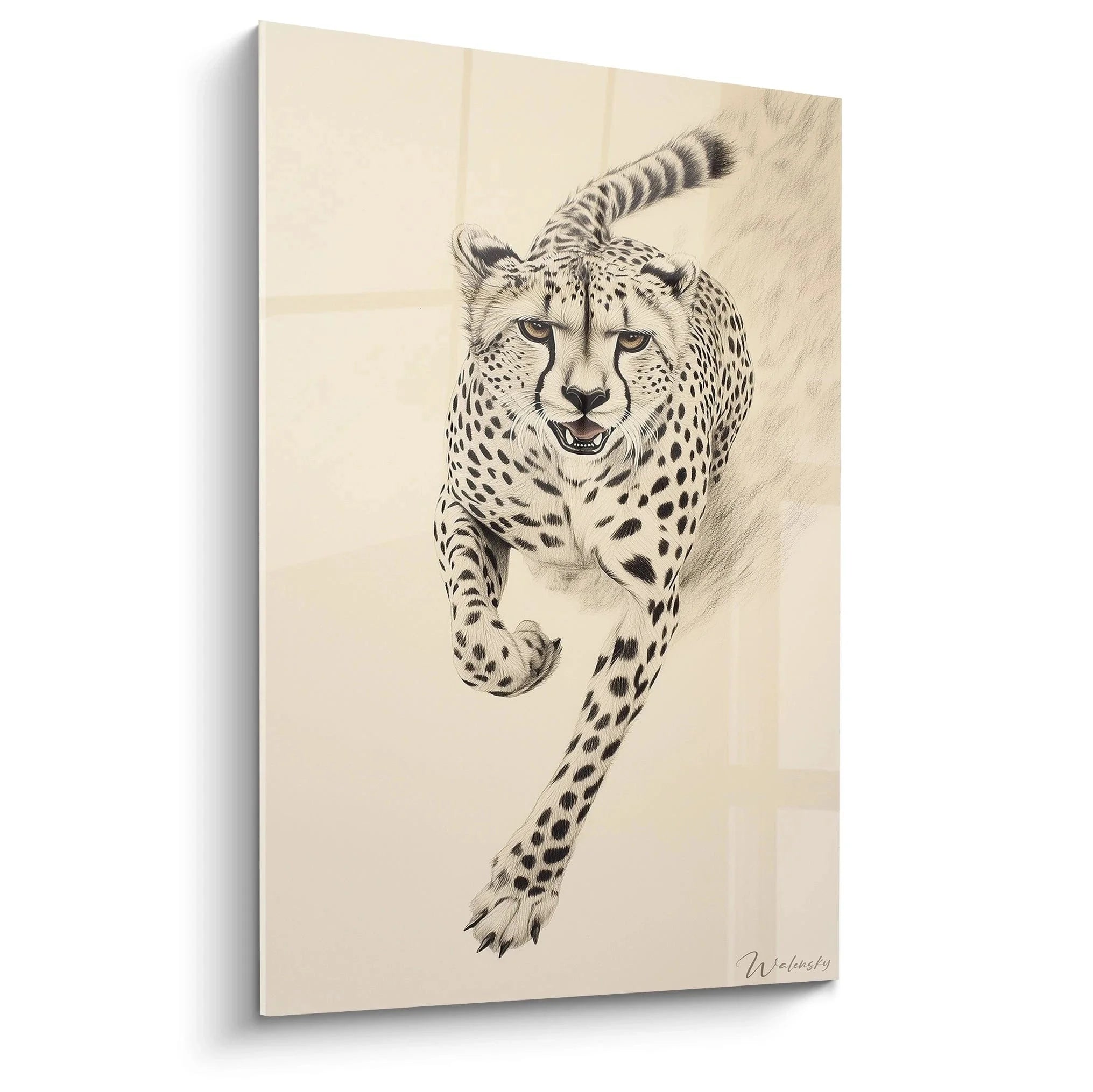 Wandbild Gepard laufend in Sepia-Tönen, elegante Raubkatze Kunstdruck für moderne Wanddekoration