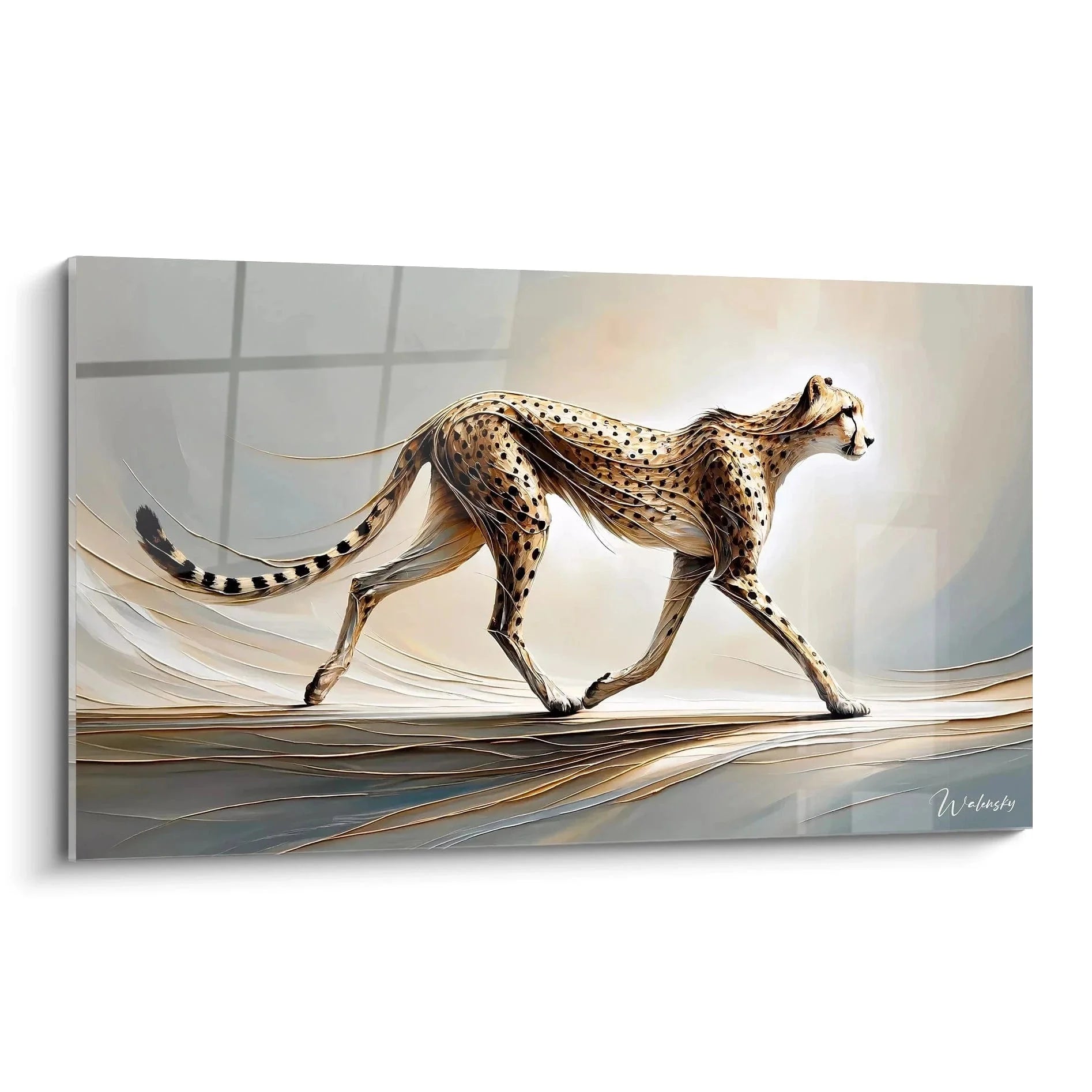 Wandbild Gepard Sprint in dynamischer Bewegung mit abstrakten Elementen und warmen Goldtönen