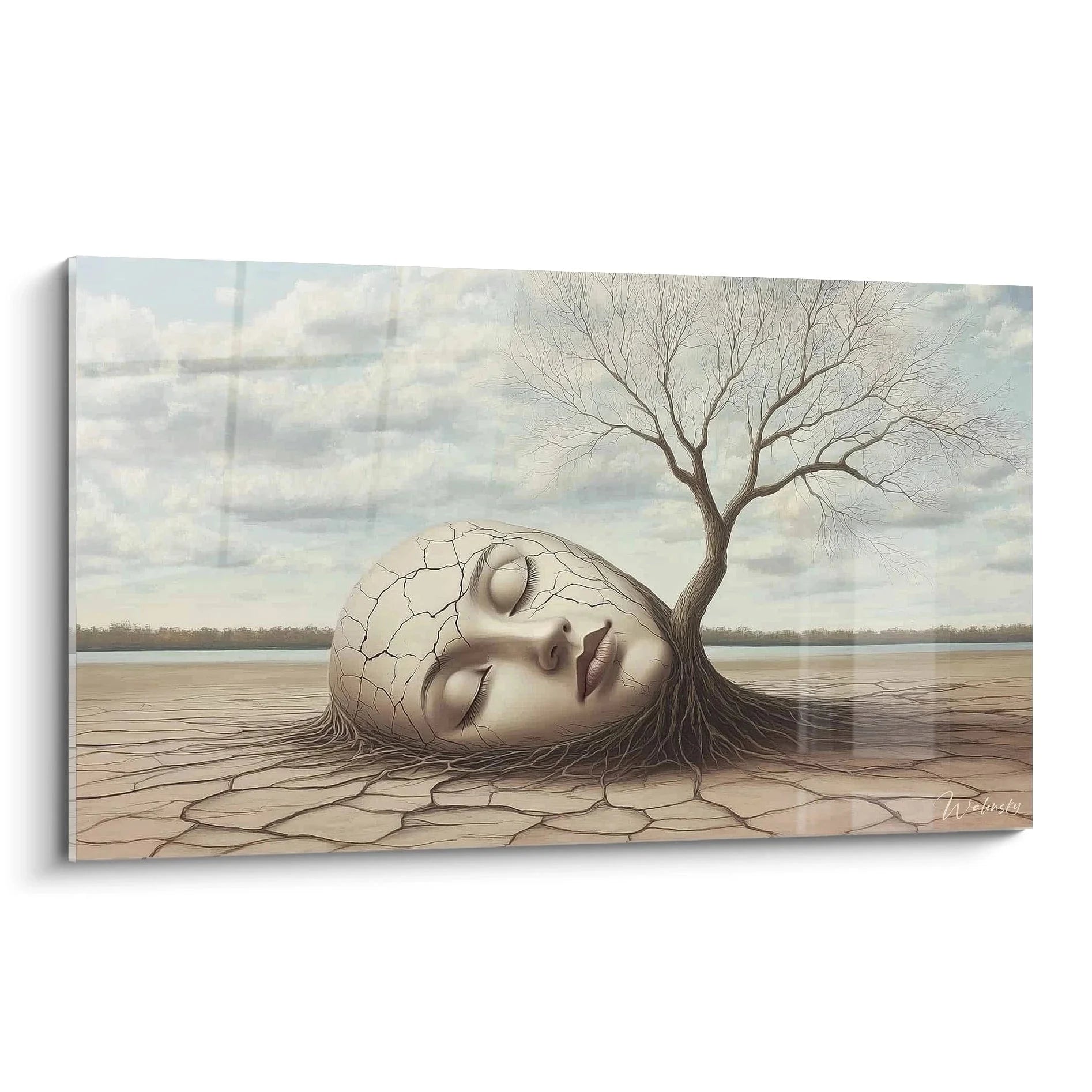 Wandbild Gesicht mit Baum - Surrealismus Art zeigt schlafendes Gesicht mit Baum auf rissiger Erde