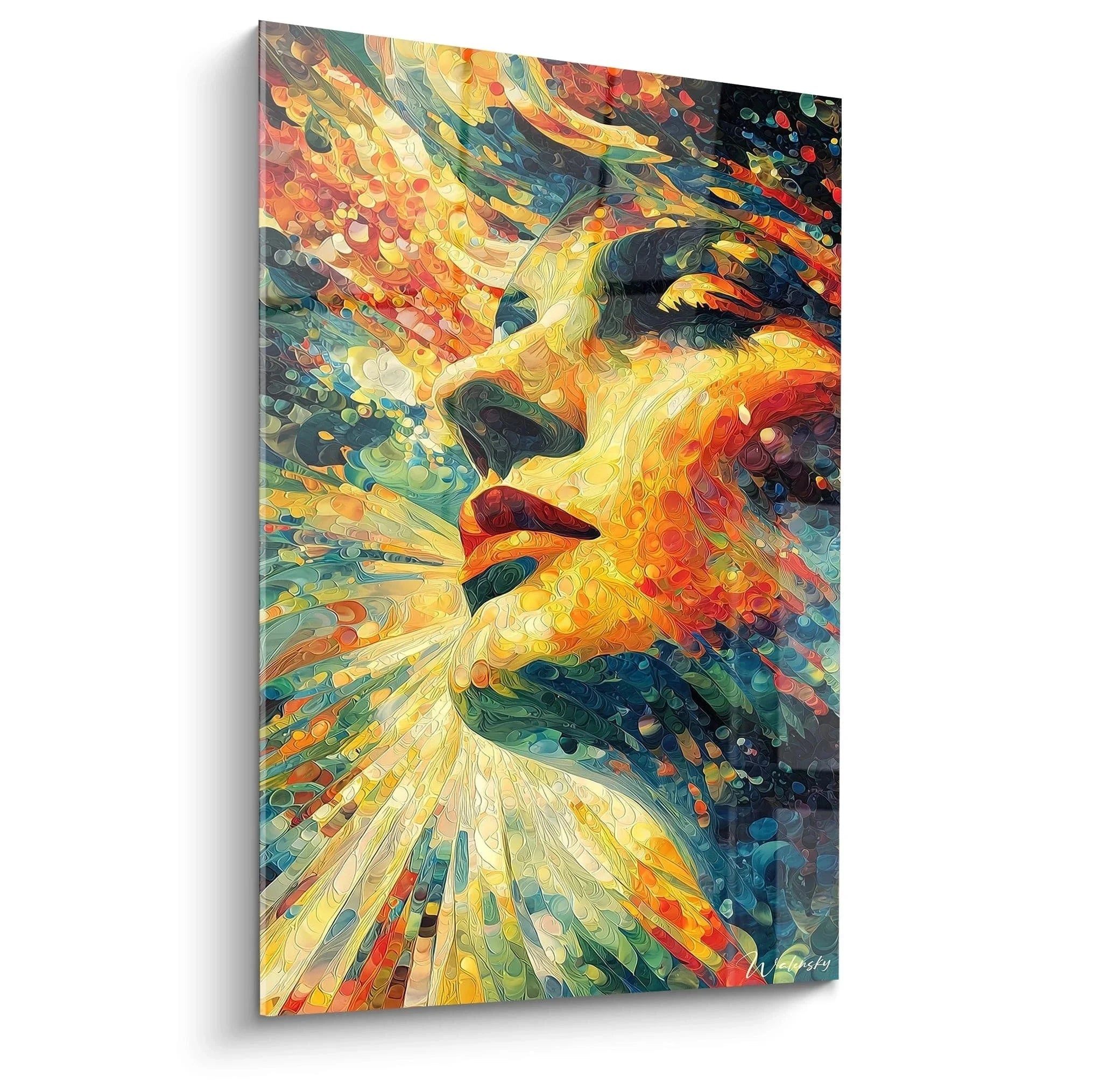 Wandbild Gesicht Explosion Pointillismus Stil mit energetischen Farbtransformationen