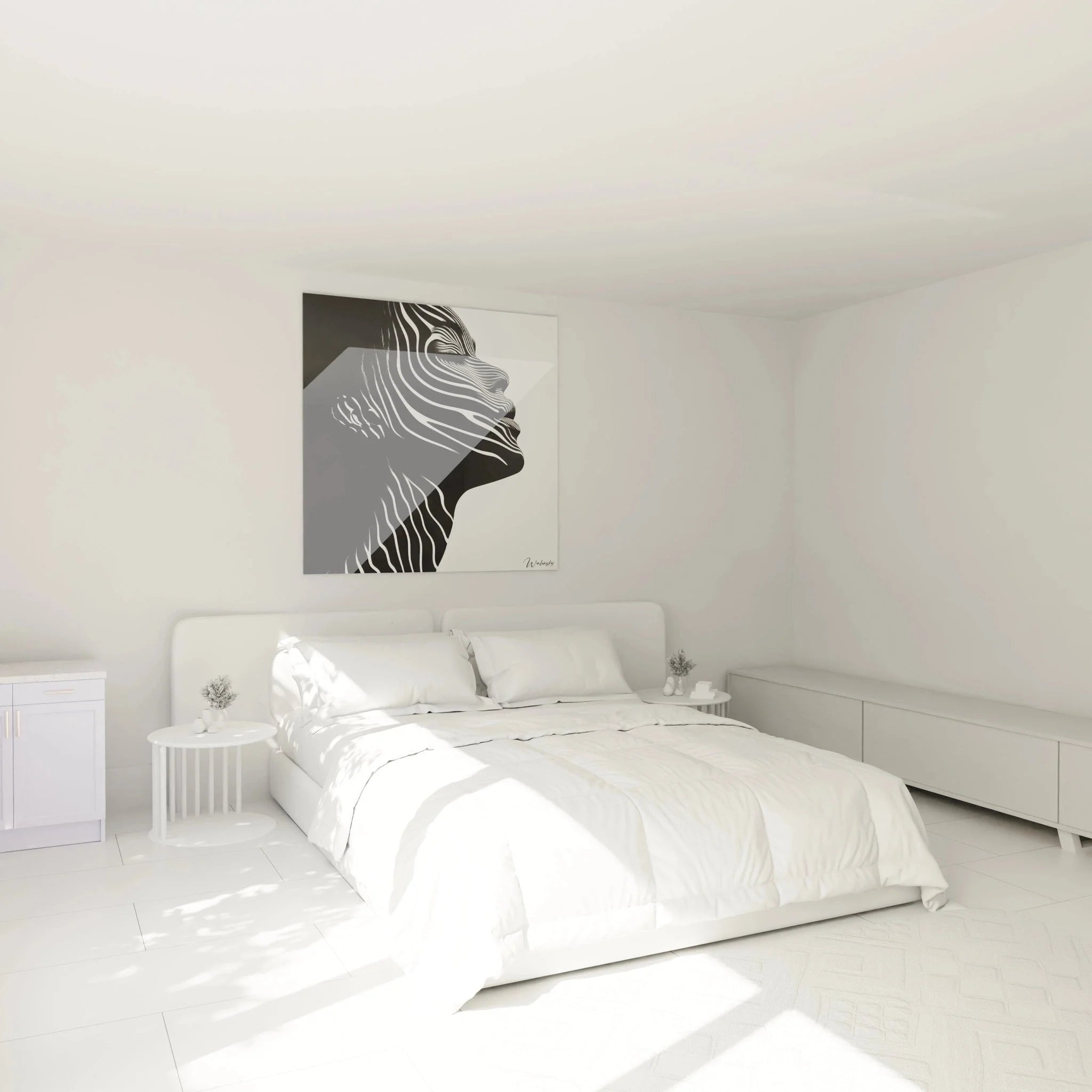 Wandbild gestreifte Frauensilhouette im Schlafzimmer - Schwarz-weiße Wandkunst