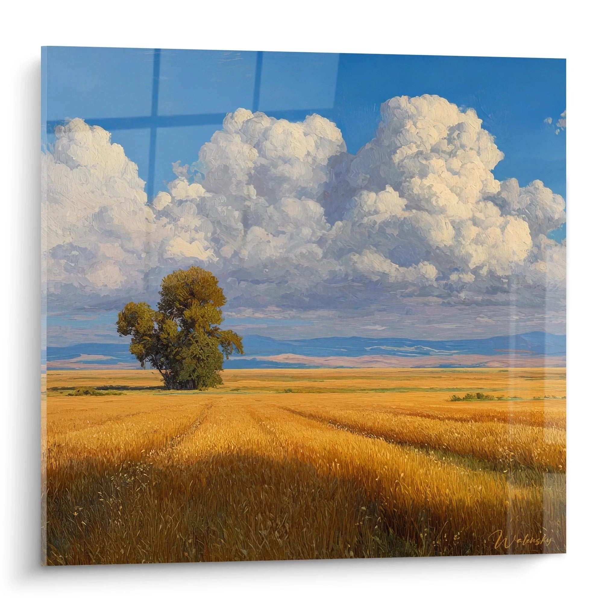 Wandbild Getreidefeld mit Baum - Goldene Landschaft mit dramatischen Wolken und reifem Getreide