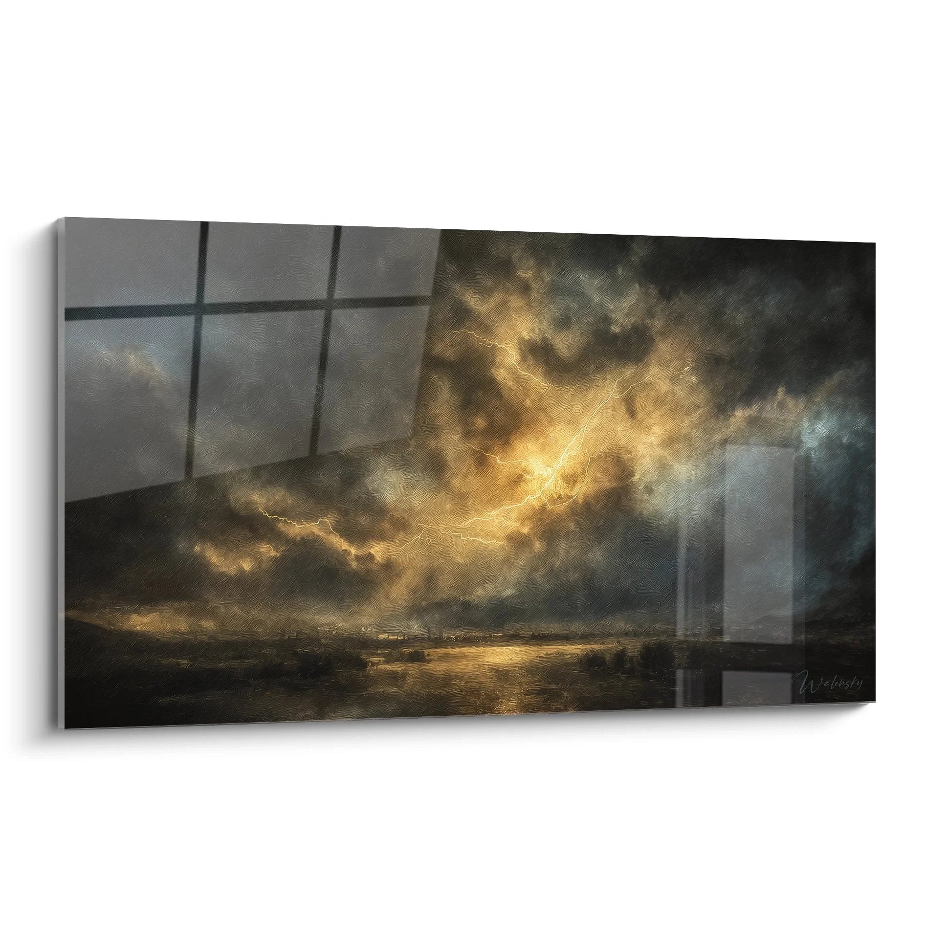 Wandbild Gewitterhimmel mit goldenen Blitzen und dramatischen Sturmwolken über Landschaft