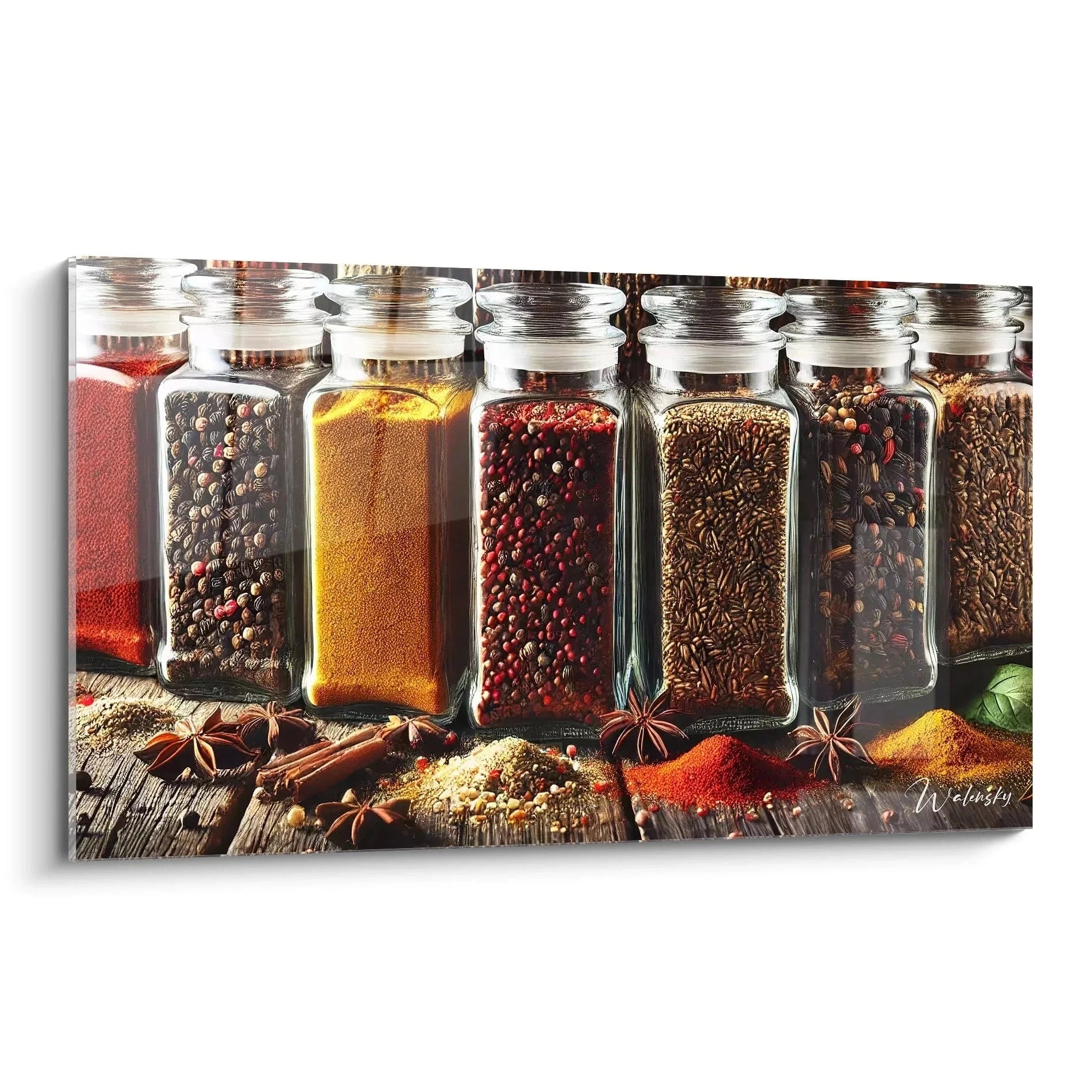 Wandbild Gewürze in Glasbehältern - Bunte Küchengewürze als Küchen Wanddekoration XXL