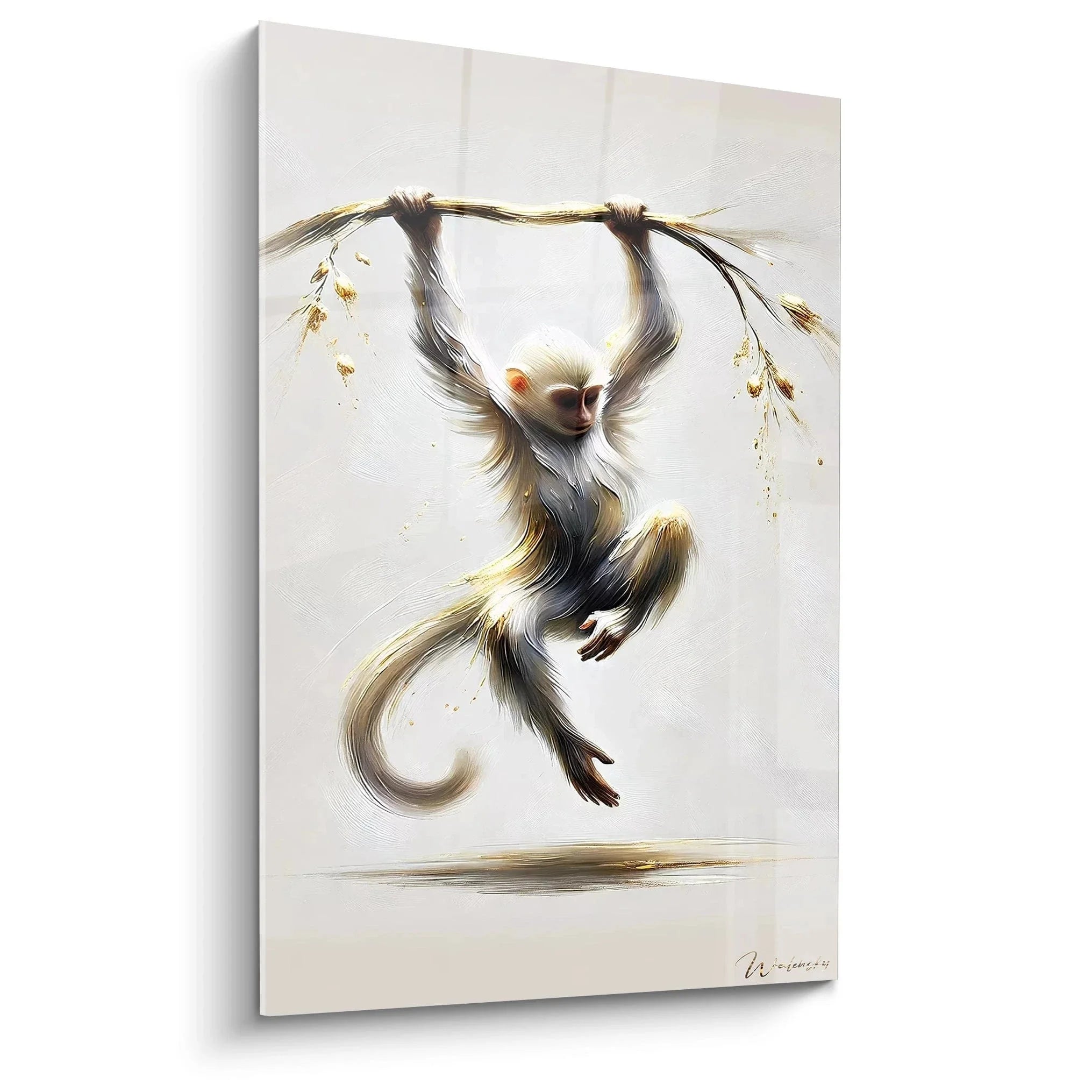 Wandbild Gibbon XXL in eleganter Schwingbewegung mit warmen Brauntönen und goldenen Akzenten