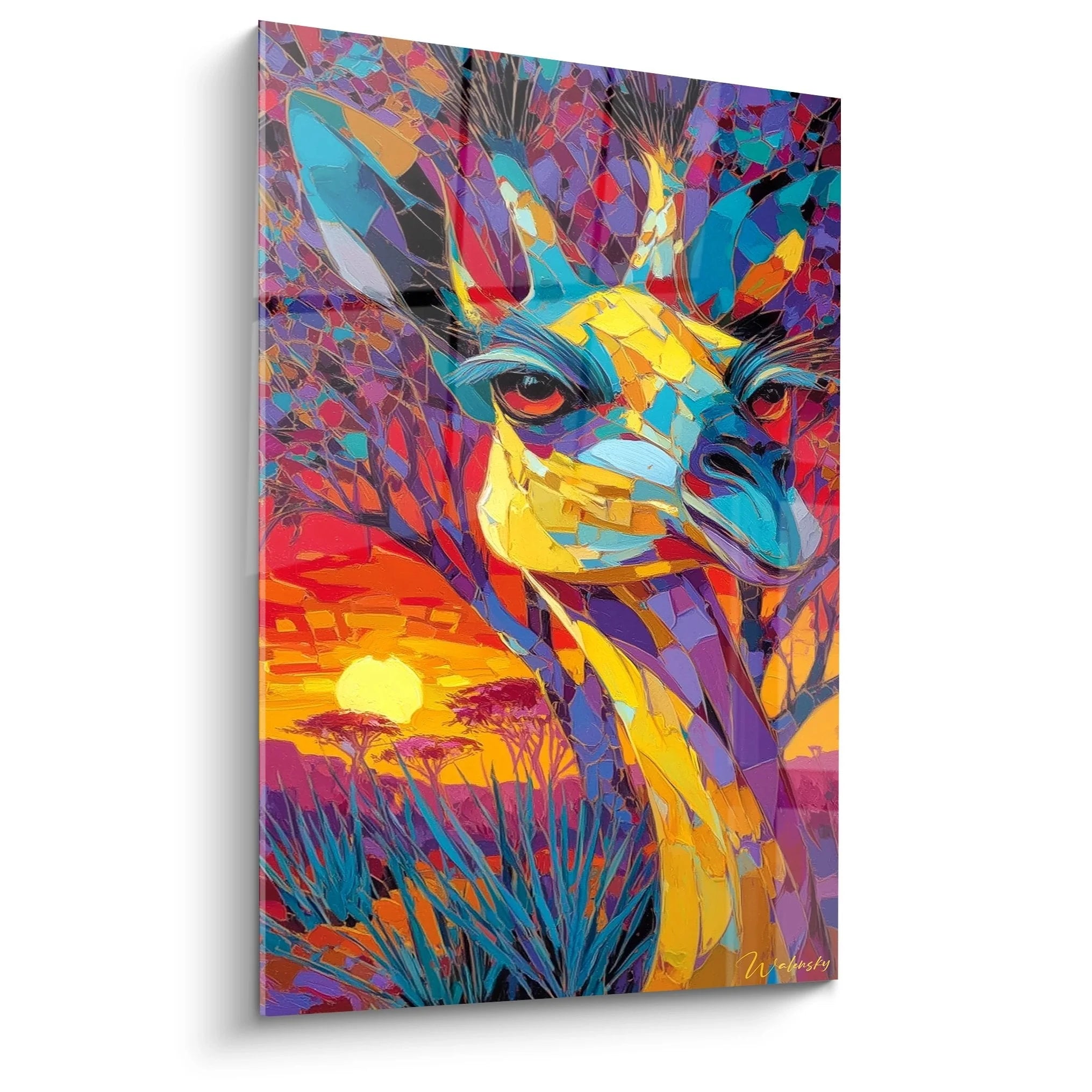 Buntes Wandbild Giraffe Afrika - Farbenfrohe Savanne Landschaft mit Sonnenuntergang - Edition Inseln und Archipele
