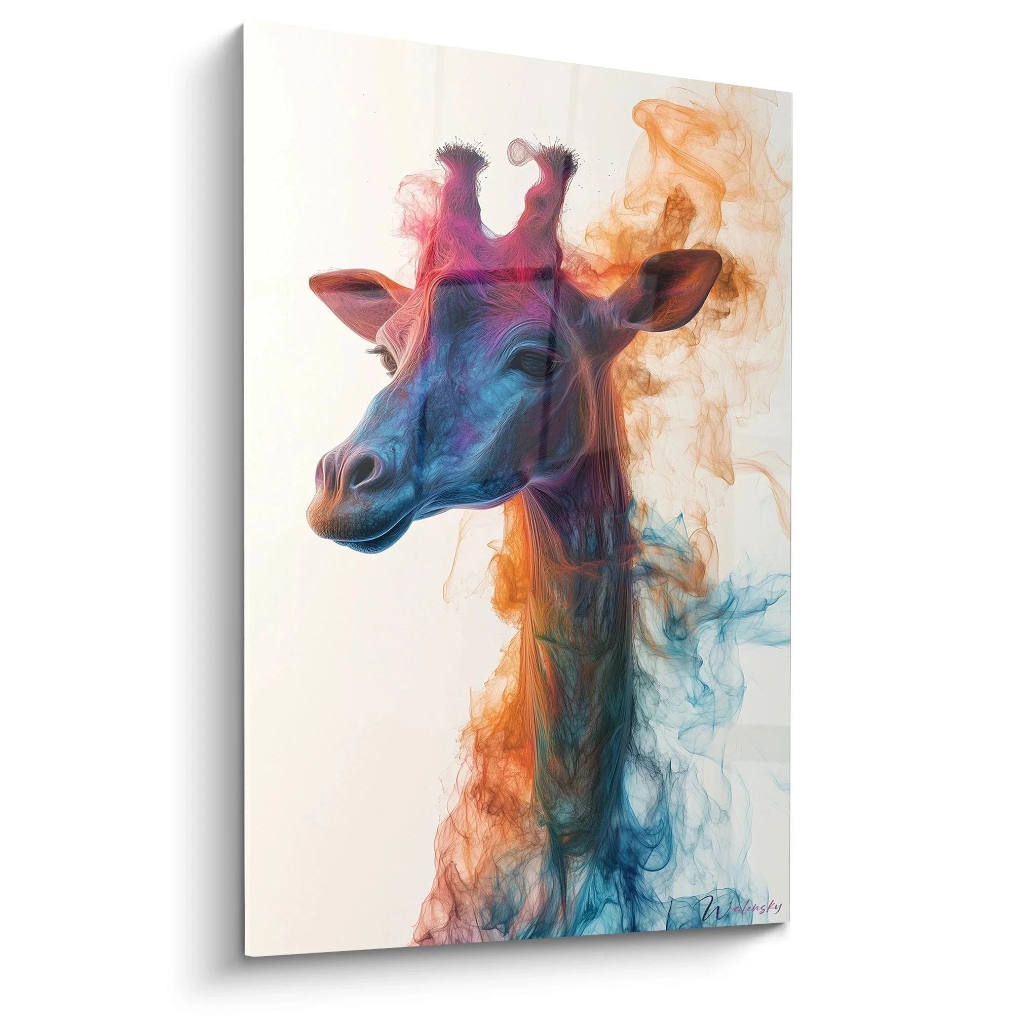 Wandbild Giraffe mit bunten Aquarellfarben und Raucheffekten in Blau Orange Violett auf Leinwand