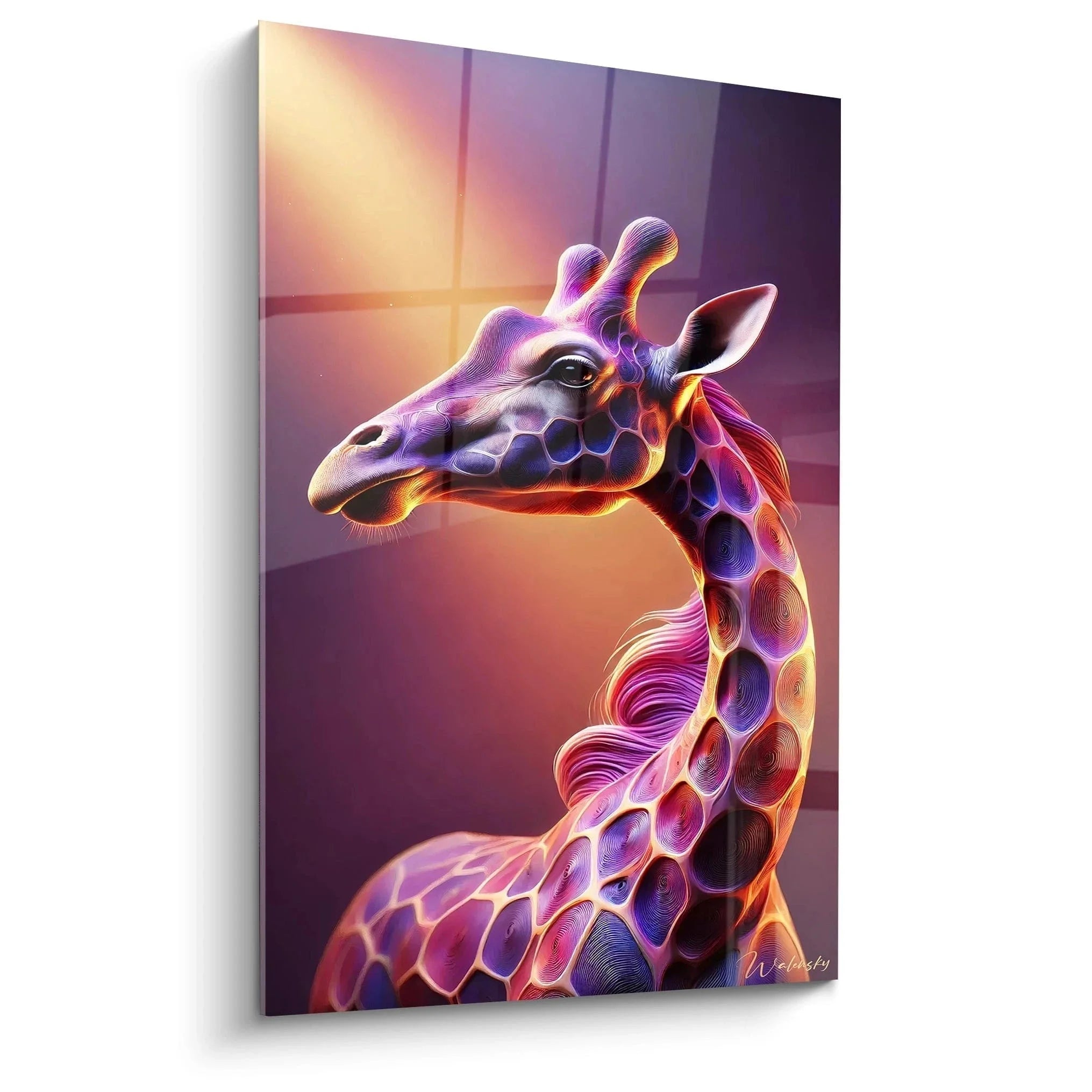 Buntes Wandbild Giraffe mit violetten und orangen Farbtönen in modernem abstraktem Stil