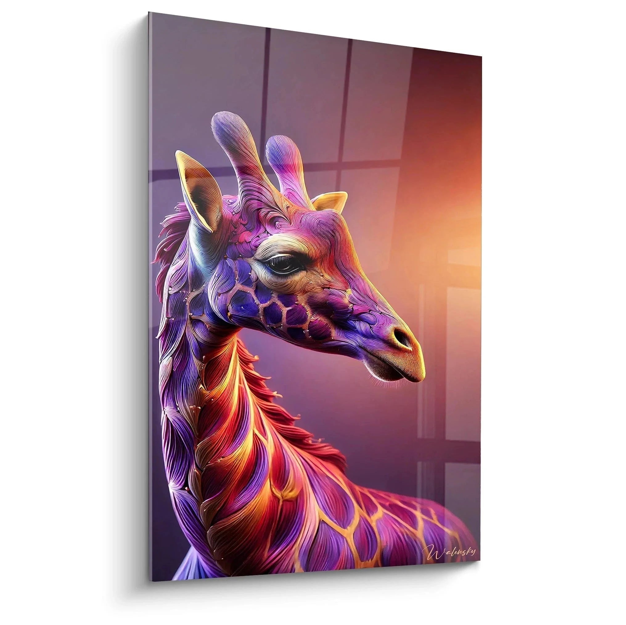 Wandbild Giraffe in leuchtenden Violett- und Orangetönen, künstlerisches Tierbild XXL