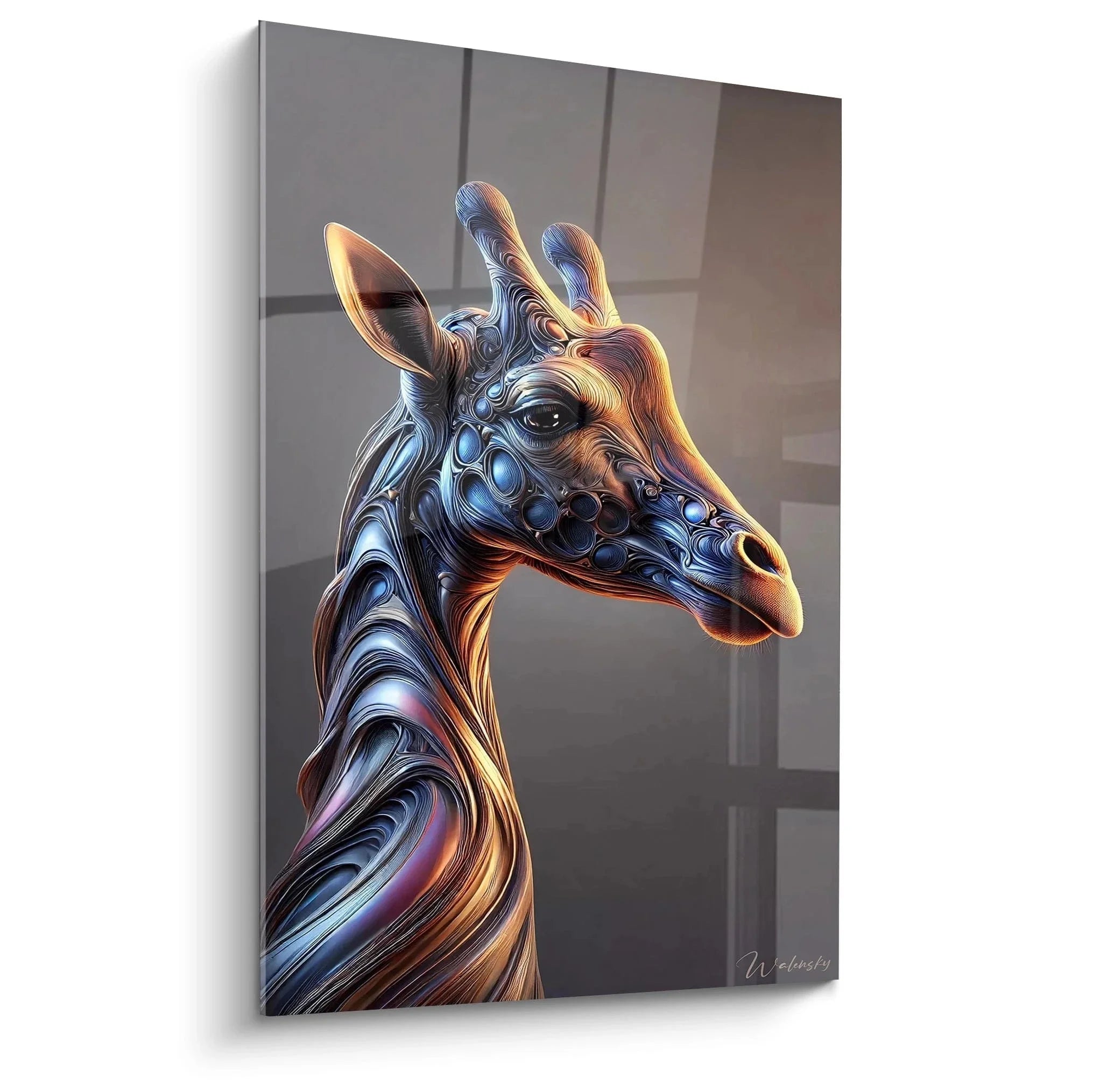 Wandbild Giraffe digitale Kunst mit metallischen Effekten in Gold und Blau für moderne Wanddekoration