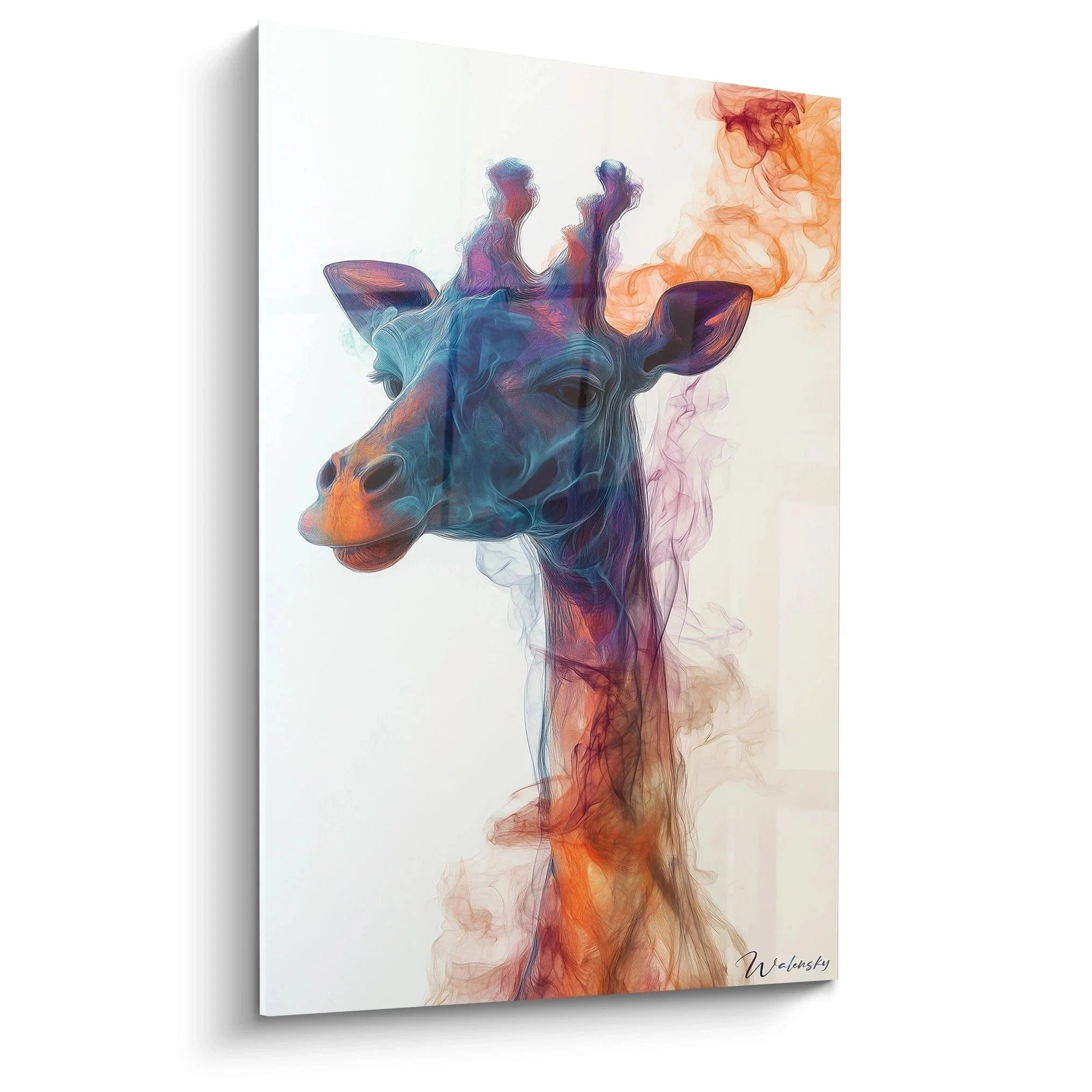 Wandbild Giraffe mit Farbexplosion in Blau Orange Rosa - Moderner Kunstdruck XXL