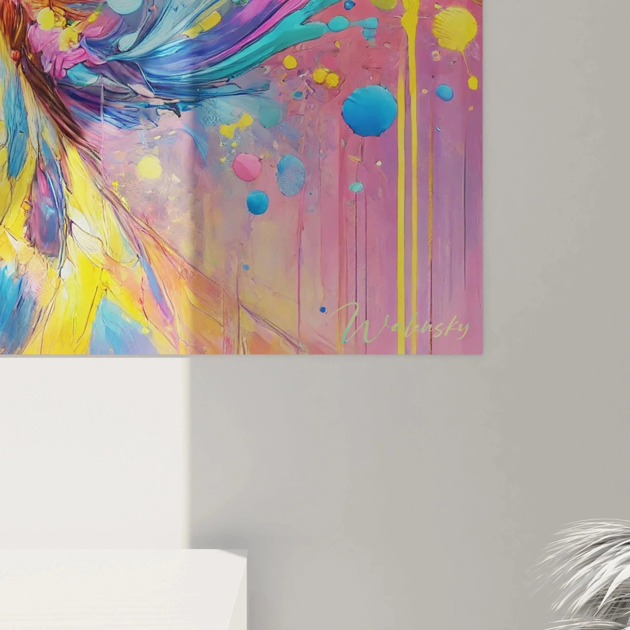 Gesamtansicht des modernen Giraffe Wandbildes mit Pop-Art Farbexplosion und Rahmen