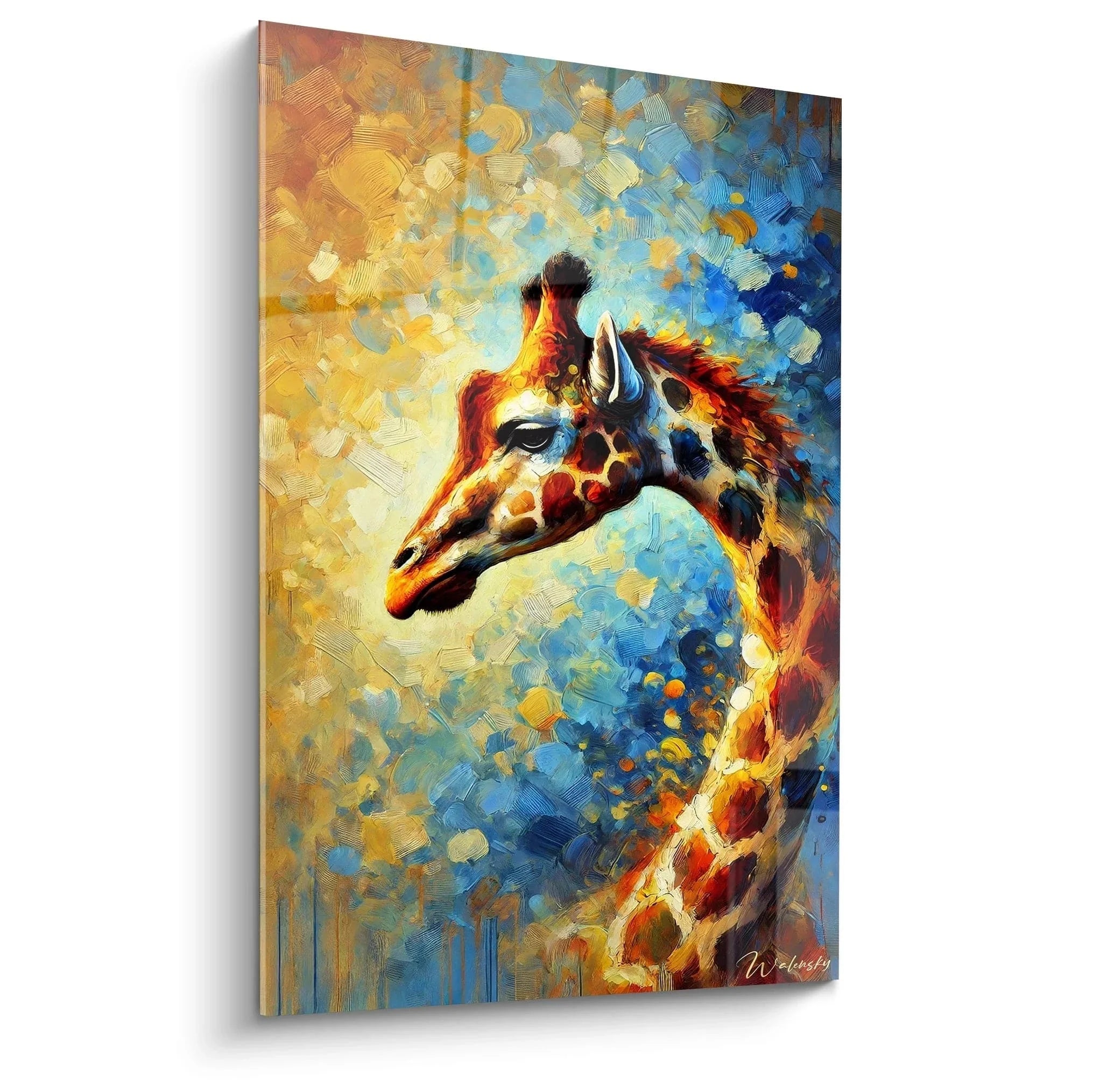 Impressionistisches Wandbild Giraffe in Blau-Gold-Tönen, moderne Tierkunst für Wanddekoration