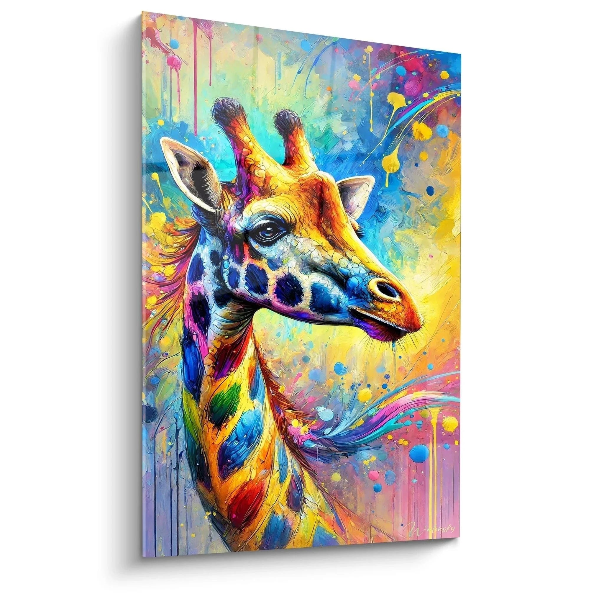 Wandbild Giraffe Pop-Art mit bunten Farben und abstrakten Elementen im modernen Stil