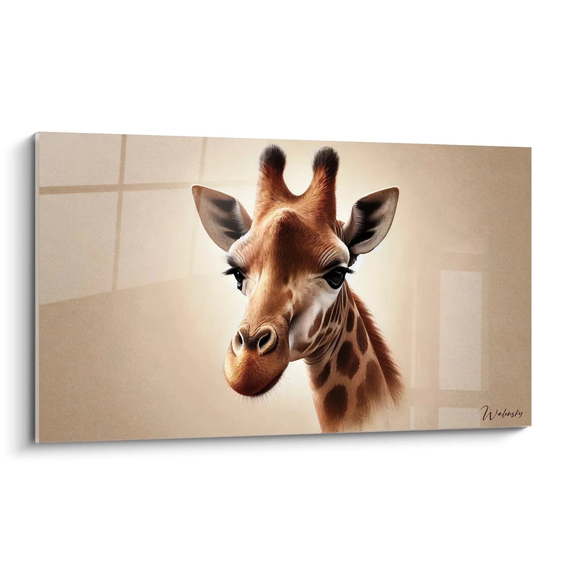 Wandbild Giraffe Portrait mit elegantem Kopf und warmen Brauntönen für moderne Wanddekoration