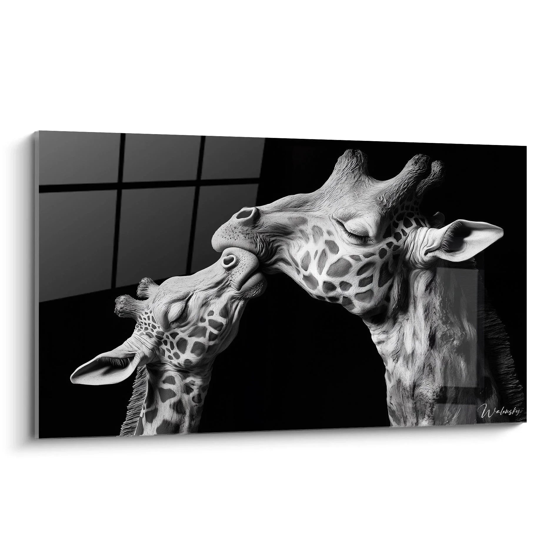 Wandbild Giraffe Schwarz-Weiß zeigt zärtliche Berührung zweier Giraffen in emotionaler Wildlife Fotografie