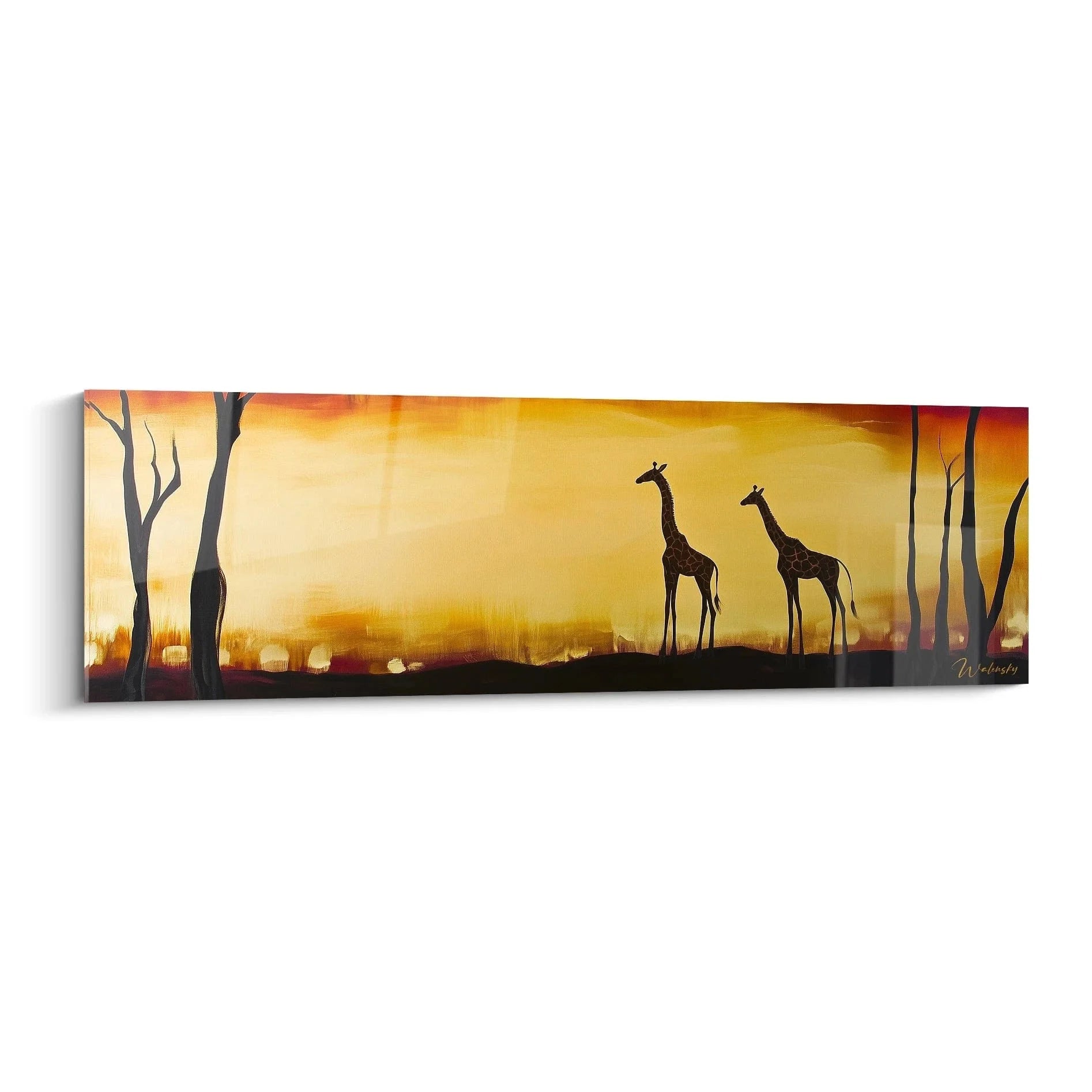 Wandbild Giraffen Silhouetten bei Sonnenuntergang in afrikanischer Savanne mit warmen Farben