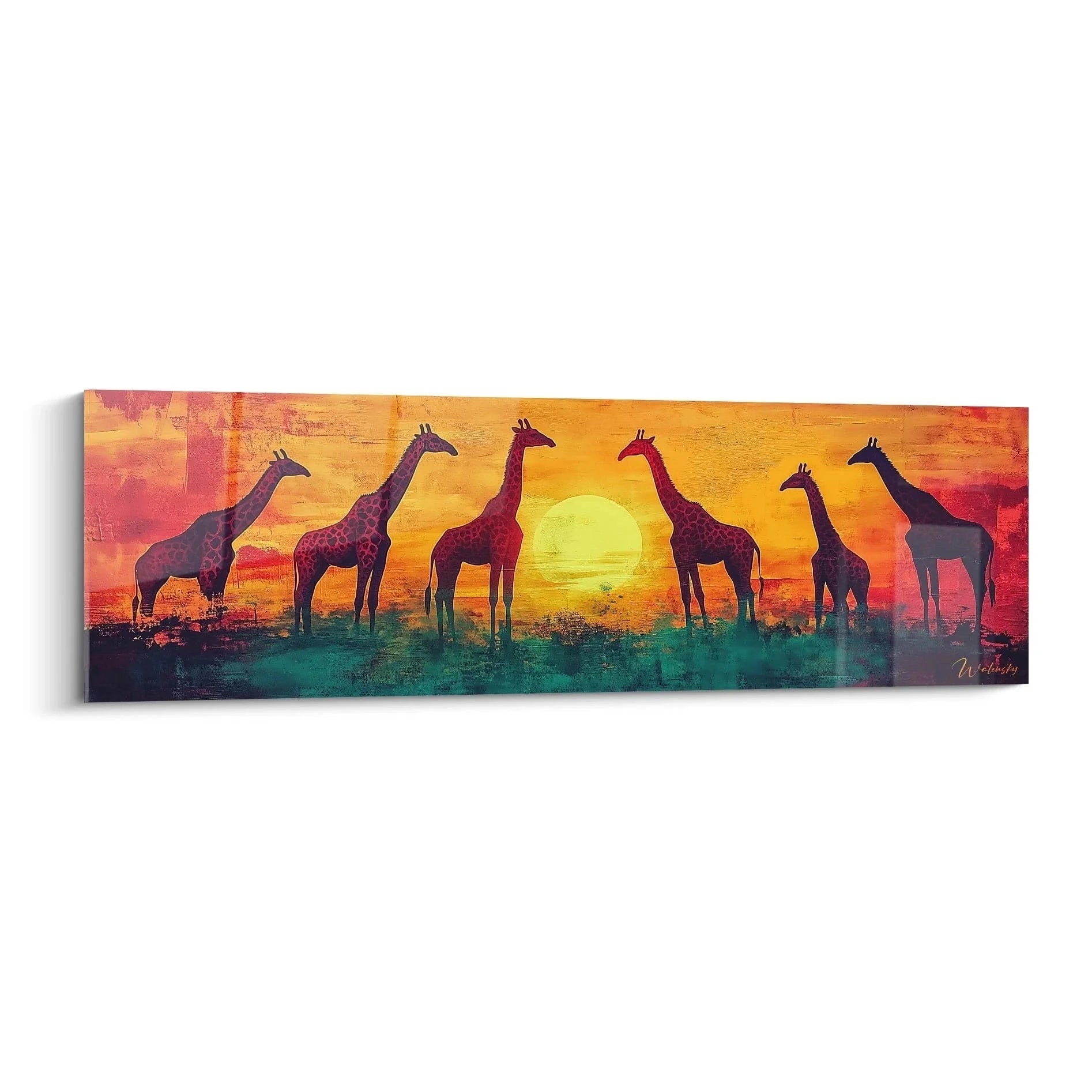 Wandbild Giraffen bei Sonnenuntergang in Afrika - Orange Himmel Leinwand XXL Edition Giraffe